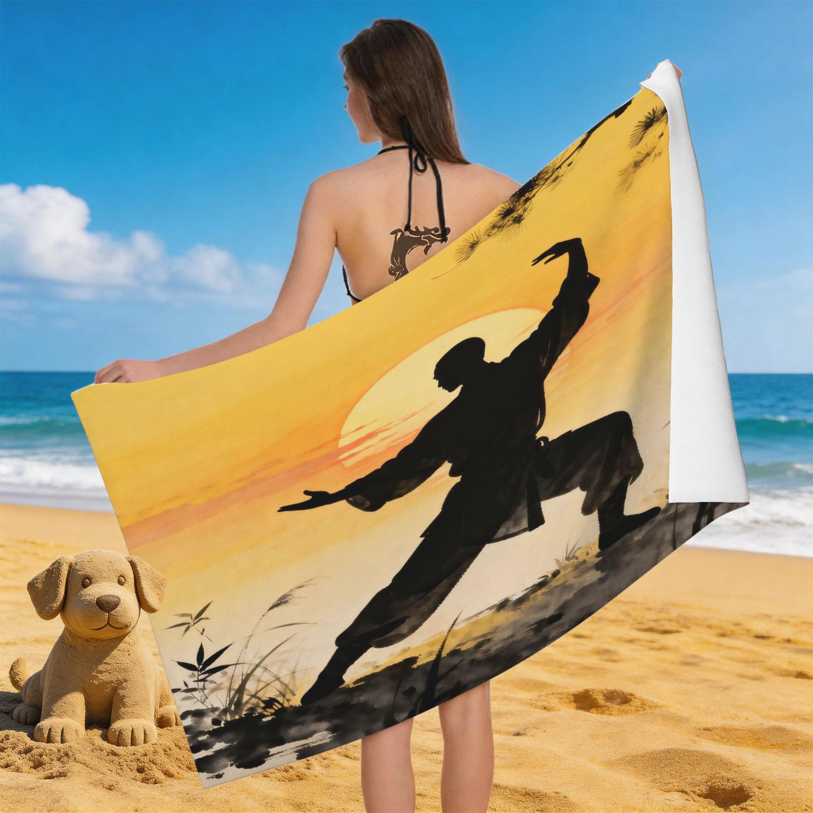 Leichong 3D Martial Arts Beach Towel Microfiber Soft Quick Dry for Adults, Kung Fu Bath Towel Lightweight Soft Absorbent for Travel Swimming Pool Sports, 75 x 150 cm