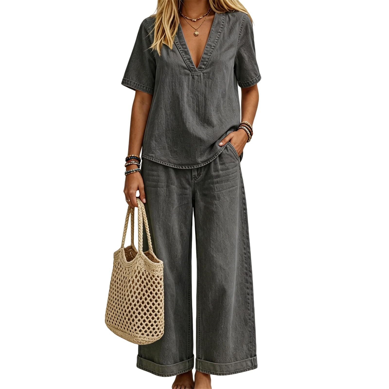 Conjunto Mujer Dos Piezas Elegante Verano Casual Deportivo Chandal Completo Loungewear Holgado Diarios Casa Playa Vacacionesropa Verano mujerSencillo y Atemporal
