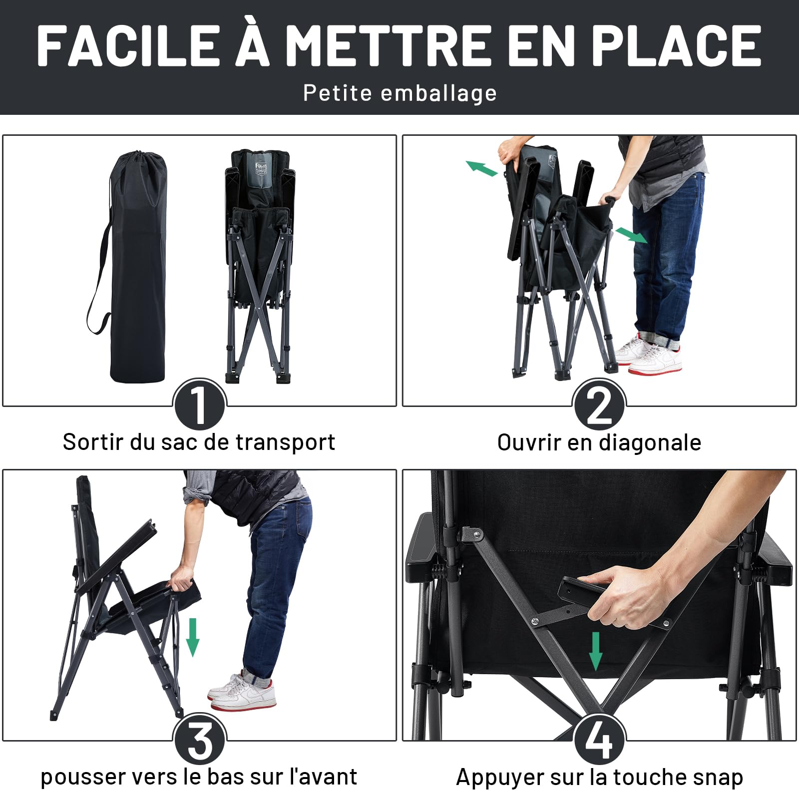TIMBER RIDGE Chaise de Camping Pliante Réglable 4 Positions Charge 260kg | Fauteuil pliable dossier réglable 4 positions, avec accoudoirs confortables, charge max. 260kg pour camping, jardin et pêche