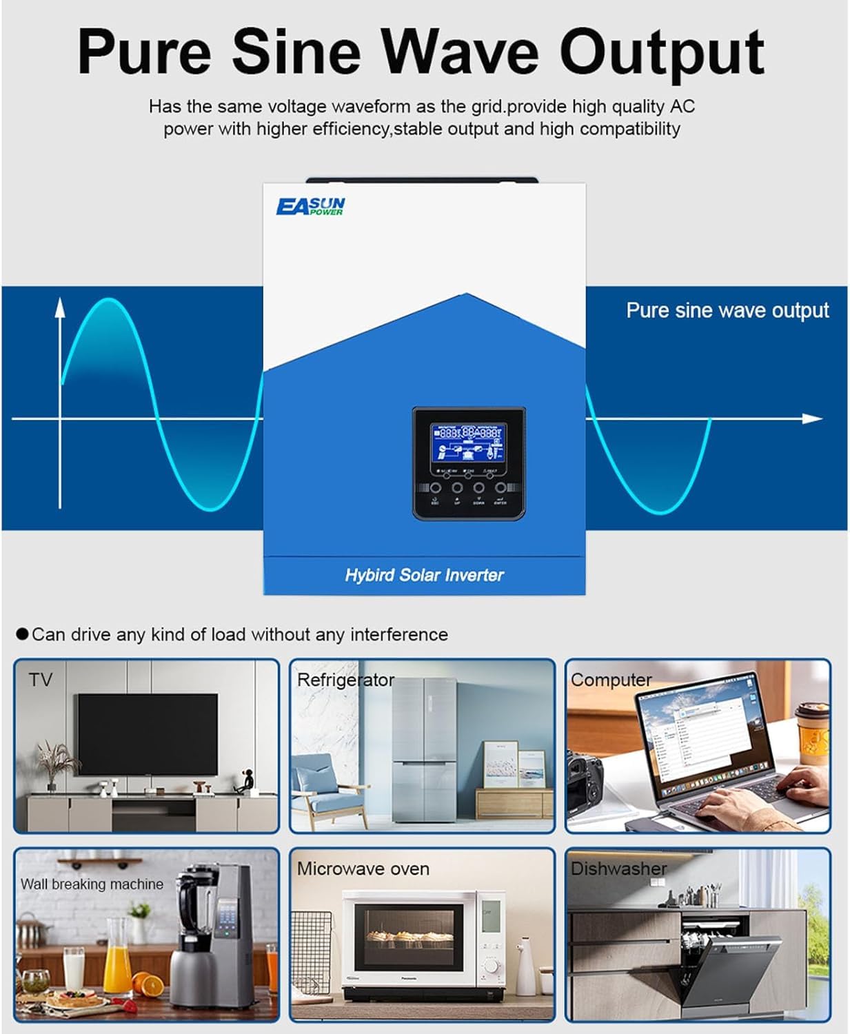 3,2 kVA 3 kW Hybrid Wechselrichter, Solar Wechselrichter mit PV 55–430V Off Grid reinem Sinus, 24V DC auf 230V AC, mit WLAN-Modul, solar inverter mit 80 A MPPT, AC-Ladegerät für AGM- und GEL-Batterien