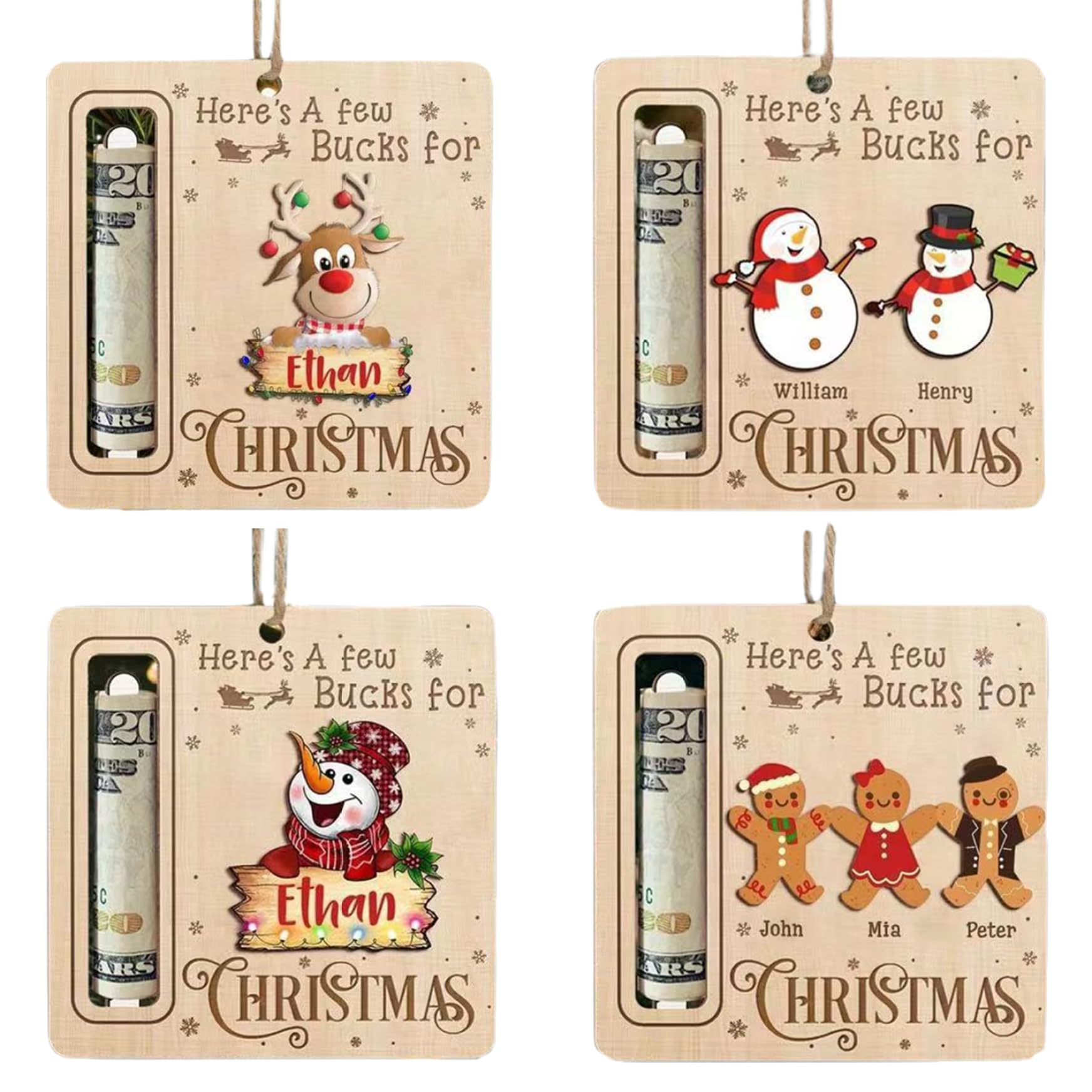 CNAFGBGG Christmas Money Holder Ornaments, 4Pcs 4 x 4 Cute Christmas Money Holders for Cash, Wooden Ornaments, Holder Hanging Ornament for Cash, Xmas Tree..