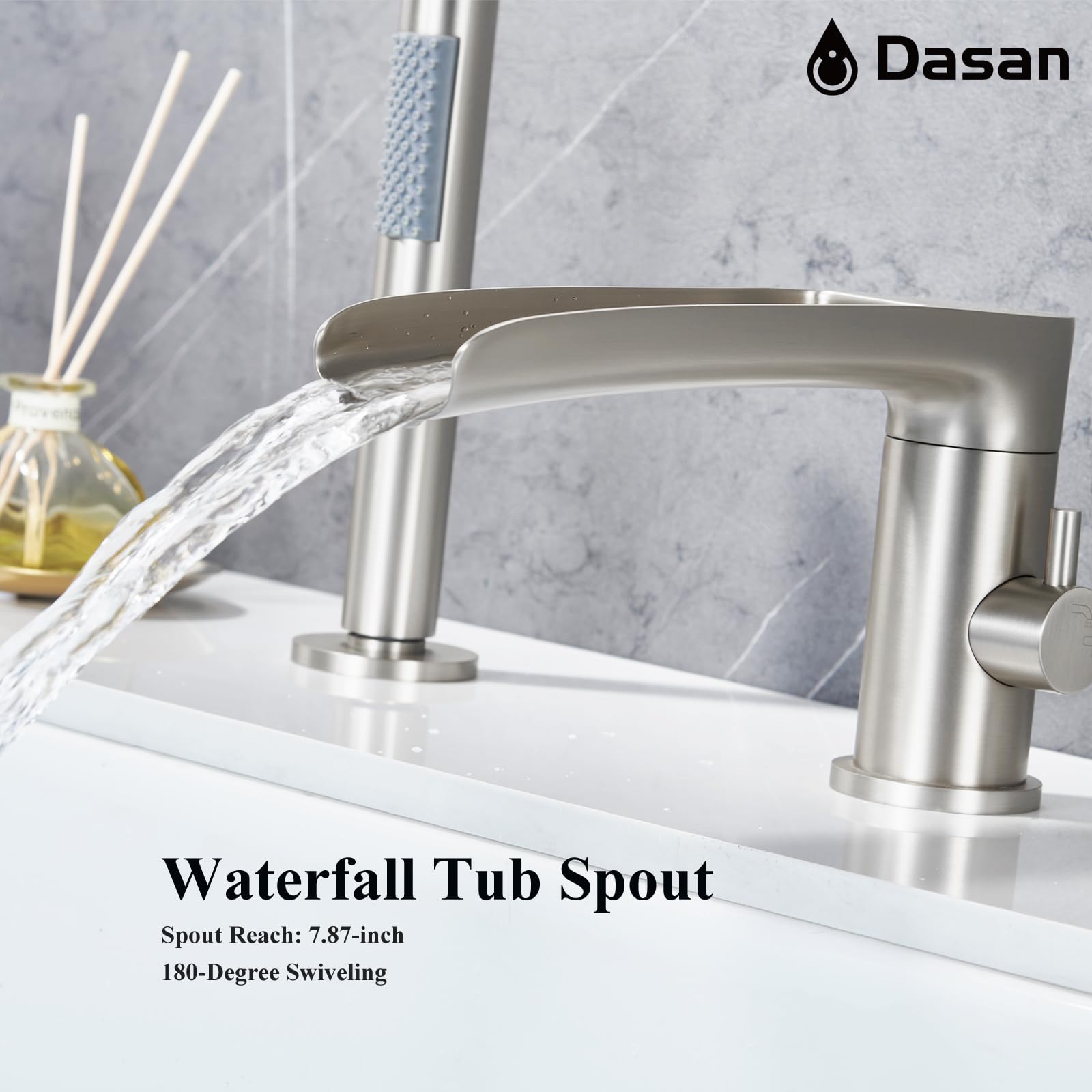 DASAN Römische Badewannenarmatur Mit Handbrause – Gebürstetes Gold, Wasserfall-Auslauf, 3-Loch-Montage
