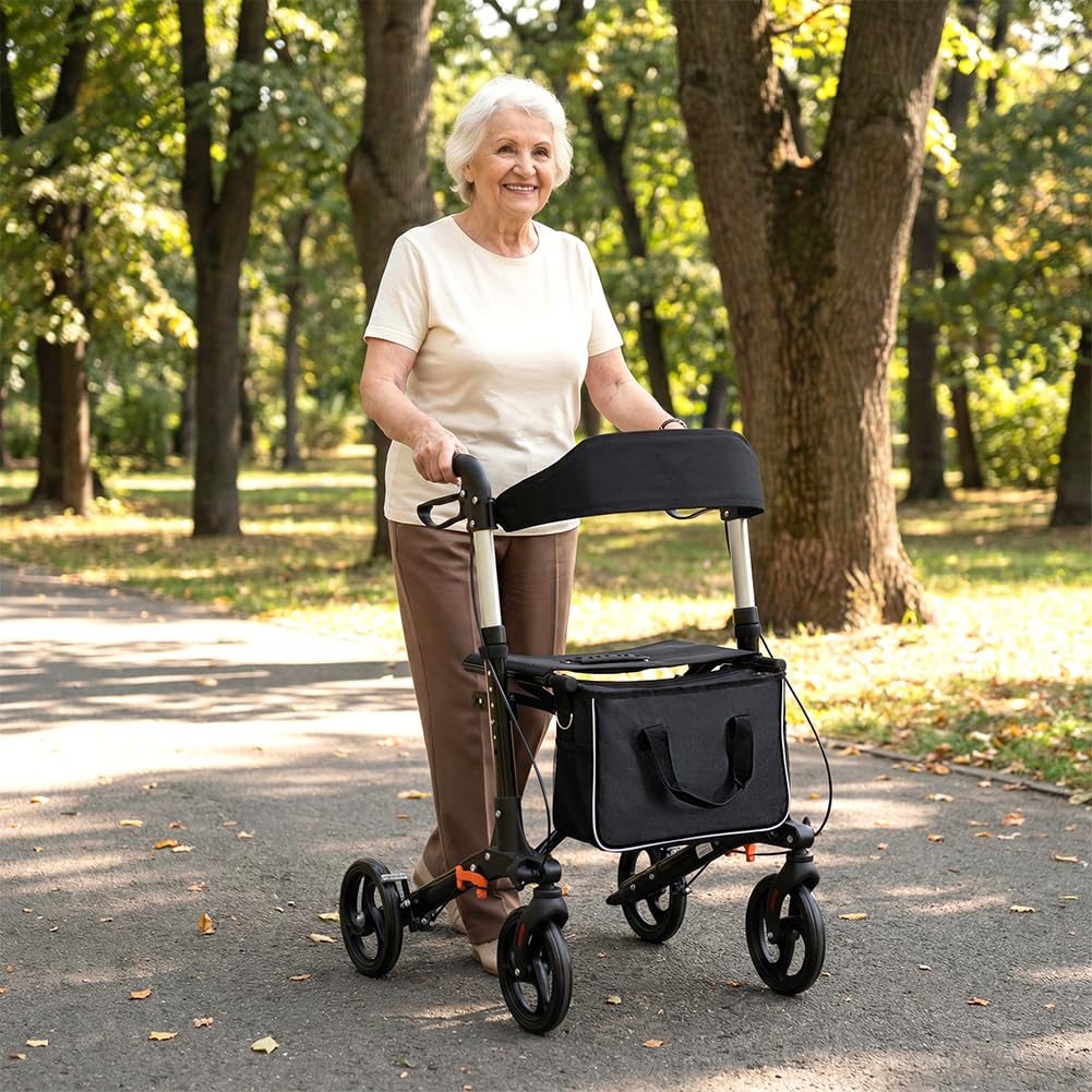 BAKAJI Deambulatore Richiudibile Salvaspazio con Seduta per Anziani, Disabili e Persone con Mobilità Ridotta, Walker con Borsetta e Maniglie Ergonomiche, Assistenza con Freni e Altezza Regolabile
