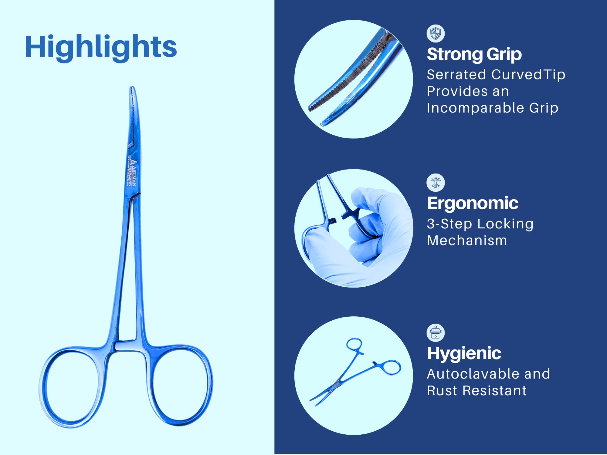 ARTMAN INSTRUMENTS Hemostat Forceps Curved & Straight 5” – Stainless Steel Locking Clamps for Fishing, Fly Tying, Crafts, Dental & Medical Use Serrated Jaws, Precision Grip Blue Plasma (2 Pack) — Amazon image 4