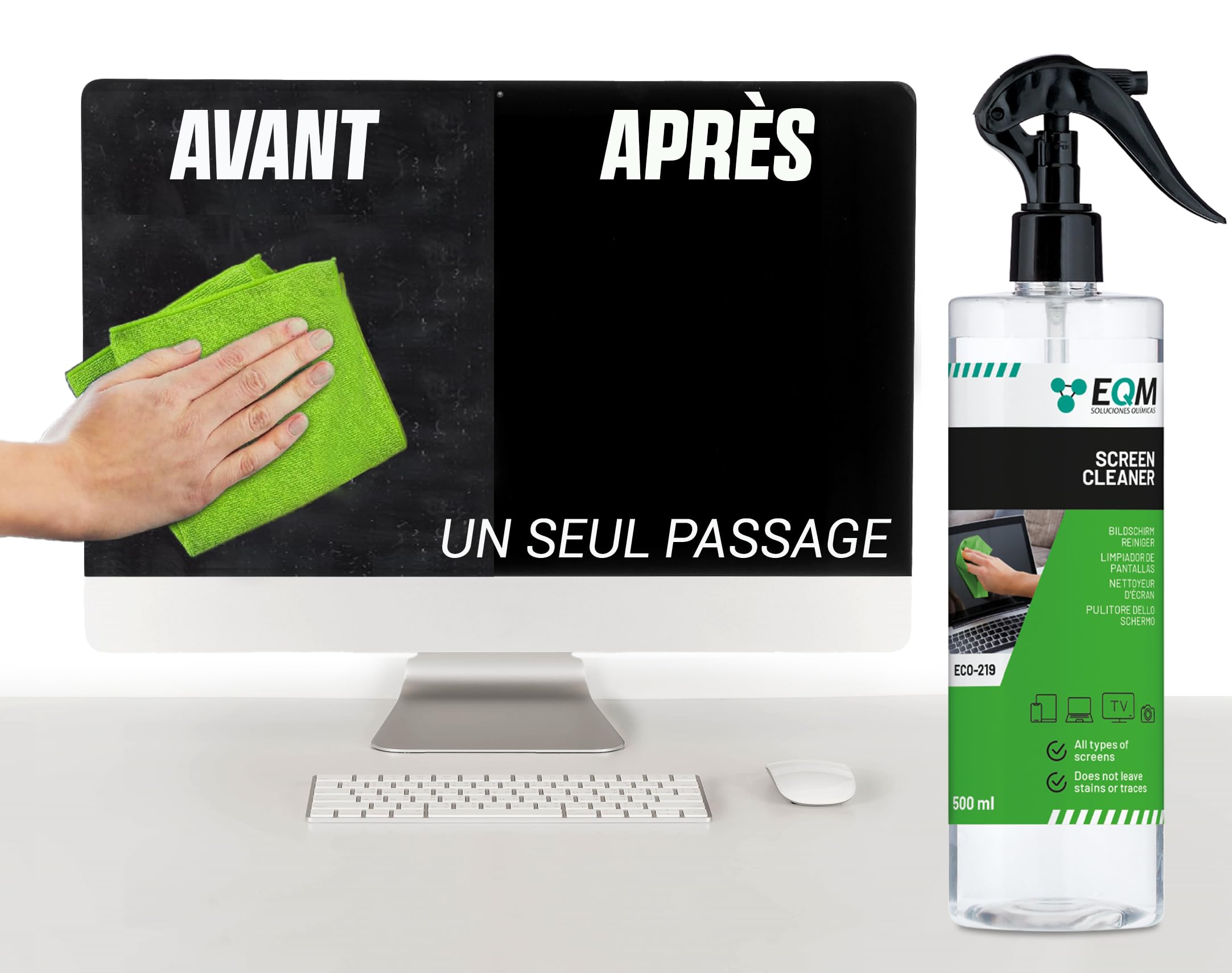 EQM - ECO-219 - Kit Nettoyant Écrans + Chiffon Microfibre - 500 ML - Format Premium - Compatible Tablette, Mobile, Ordinateur Portable, Appareil Photo, LED, OLED
