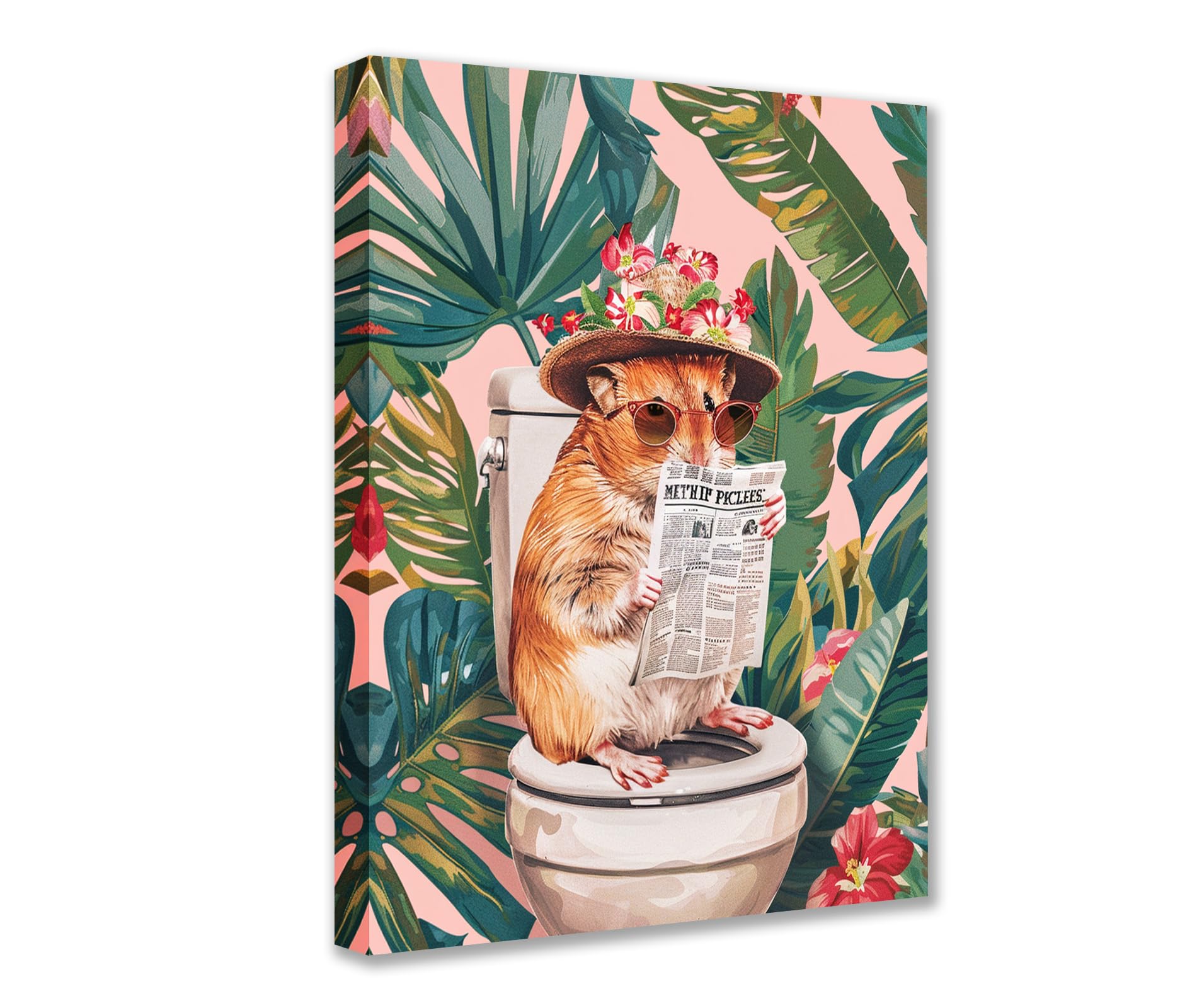 Cute Hamster on Toilet Canvas Wall Art Animal Read Newspaper Picture 1P Tropical Plant Posters Prints Cute Modern Artwork for Living Room Bedroom Home Decor Framed Gallery-Wrapped Ready to Hang