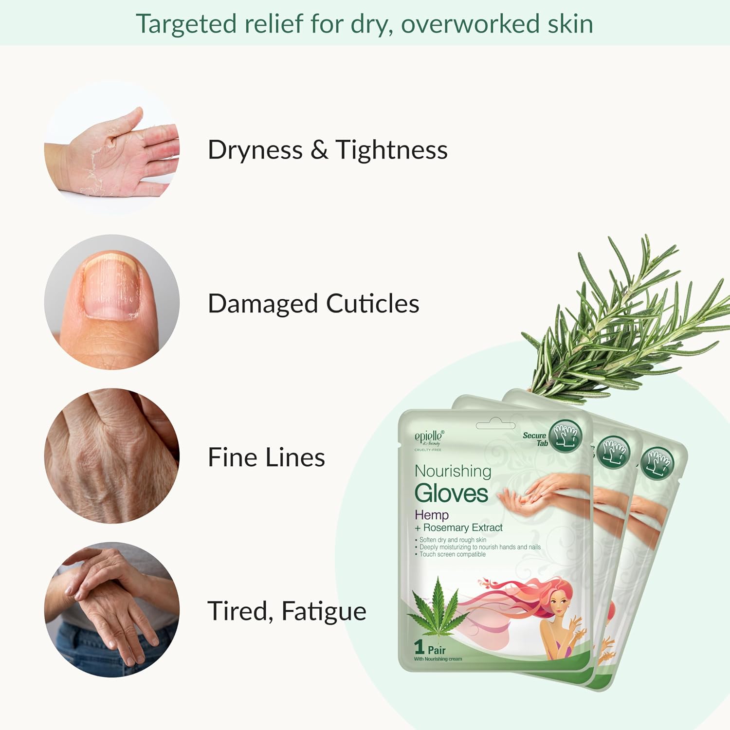 Epielle Nourishing Hand Mask 6 Pairs, Repair and Soften with Hemp & Rosemary Extract, Deep Moisturizing Gloves for Dry, Cracked Hands, Self Care Gifts for Women, Spa Kit, Stocking Stuffers - Image 4