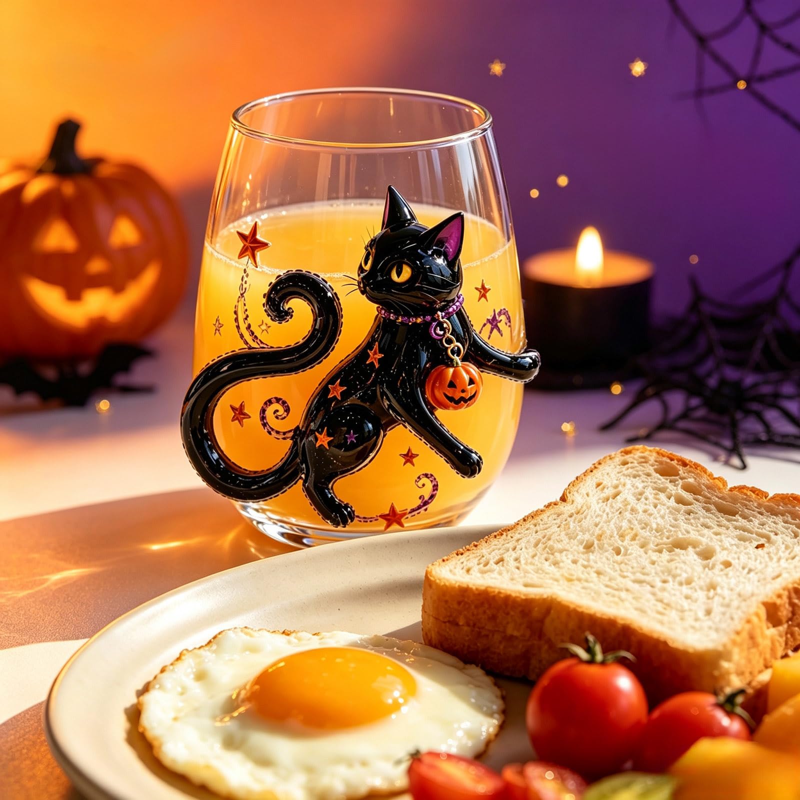 Halloween-2D-Glaswaren-Kollektion, Stiellose Trinkgläser mit erhöhtem Kürbis-Geist, schwarzes Katzennetz-Design, gruselige, transparente Becher für Cocktails, Saft, Eiskaffee, Party-Geschenk