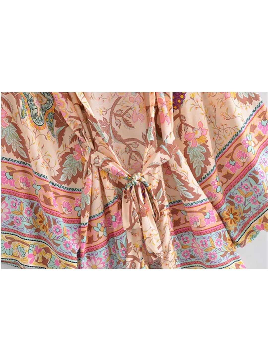 Vintage Print Fusciacche Bohemian Kimono Donne Scollo A V Maniche Pipistrello Breve Robe Bikini Cover-up, Beige, S
