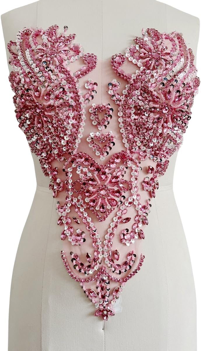 Handmade Shinning Rhinestones lace Applique Pure handsewing Beads Crystal Sequins Trim Patches Perfect Decoration Accessories (Pink)