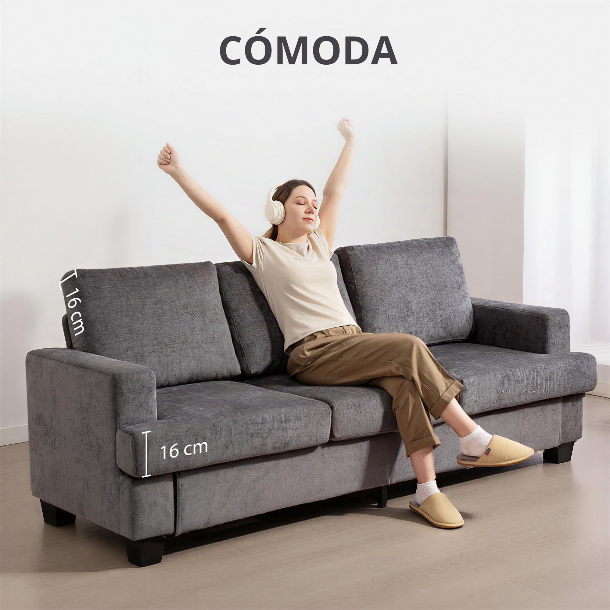 HOMCOM Sofá de 3 Plazas Acolchado Grueso Sofá de Salón 213x82x90 cm Gris | Tapizado en Chenilla, con Estructura de Acero, Diseño Moderno, para Dormitorio Sala de Estar