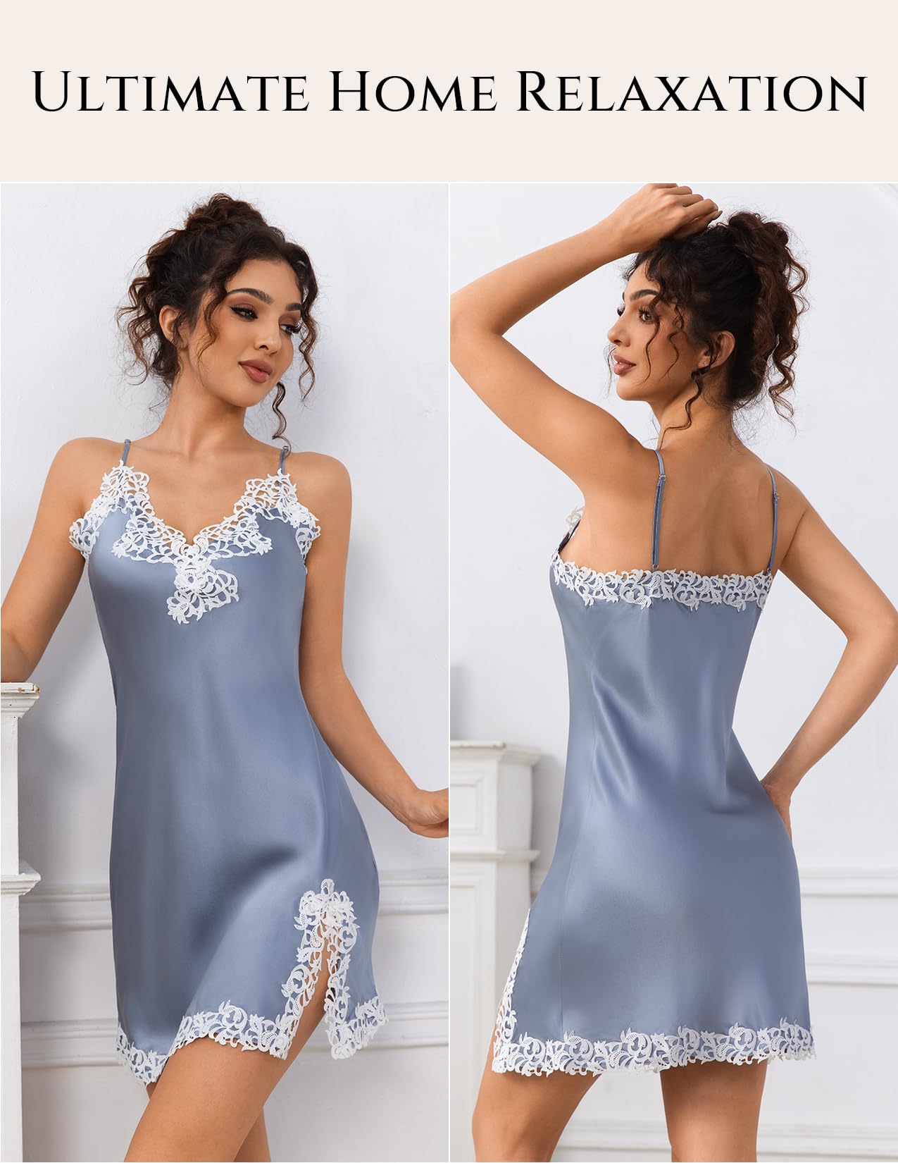 THXSILK Damen Sexy Seide Nachthemd, 19 Momme Maulbeerseide Nachtwäsche V-Ausschnitt Spitze Spaghetti Strap Chemise Kurz Slip Kleid