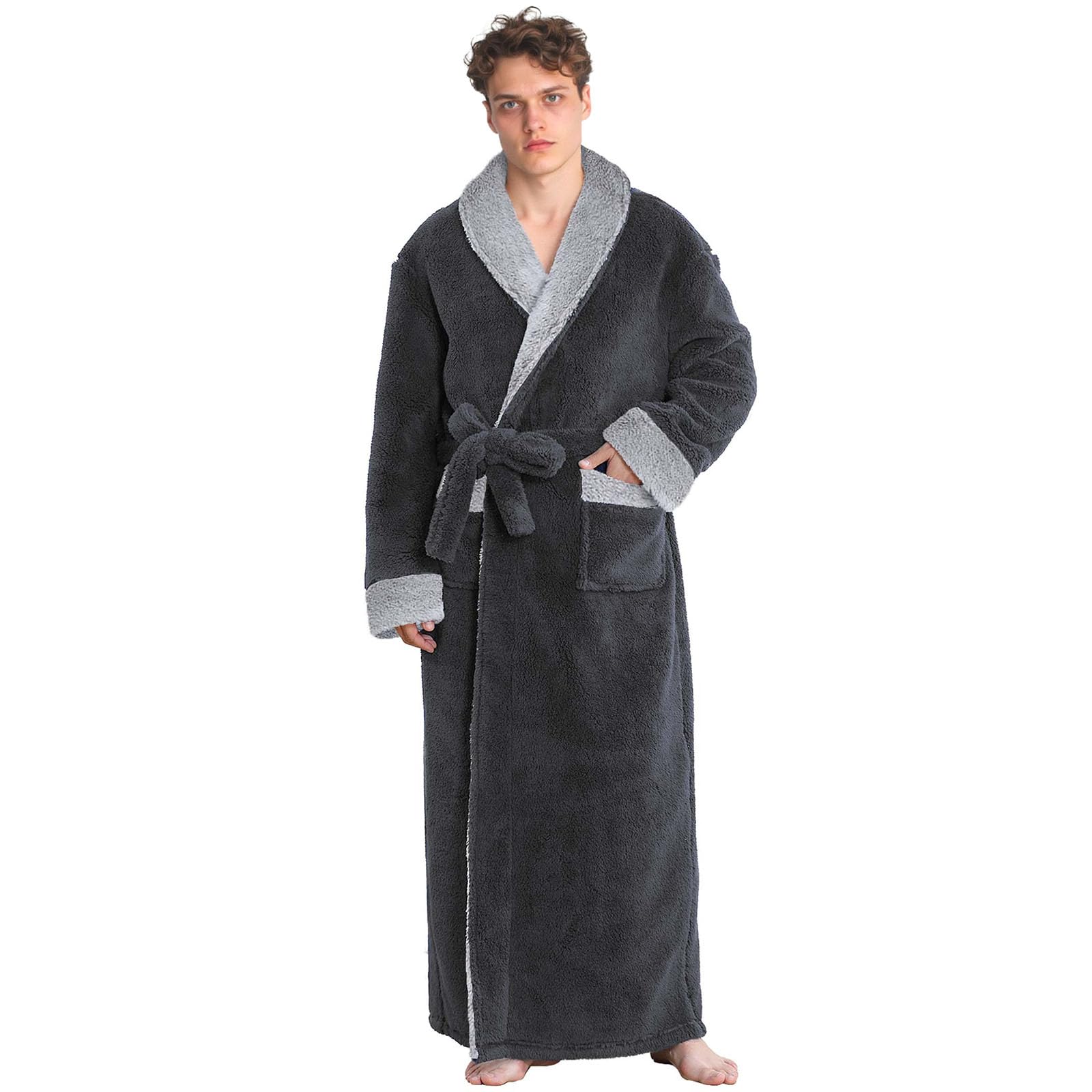 PUTUO Langer Flausch-Bademantel Für Herren - Extra Warm, Mit Gürtel & Taschen, Perfekt Für Winter