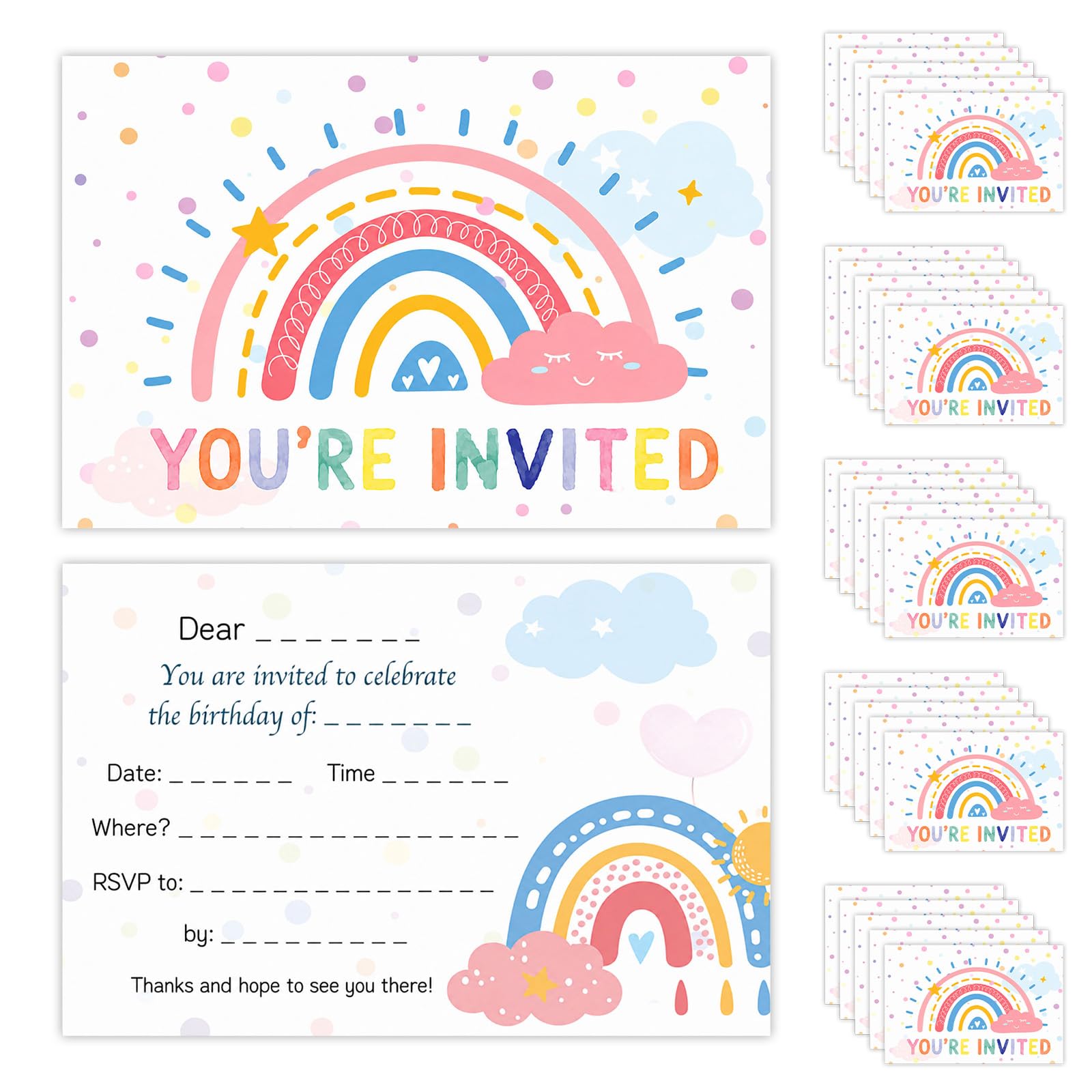 Party Invites, 25Pcs Rainbow Kids Birthday Blank Fill-In Party Cards