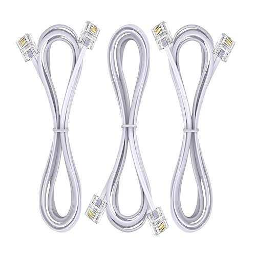 Paquete de 3 cables de extensión de teléfono de 6 pulgadas con enchufes RJ11 6P4C estándar para teléfono fijo y fax (3, blanco, 2 pies)