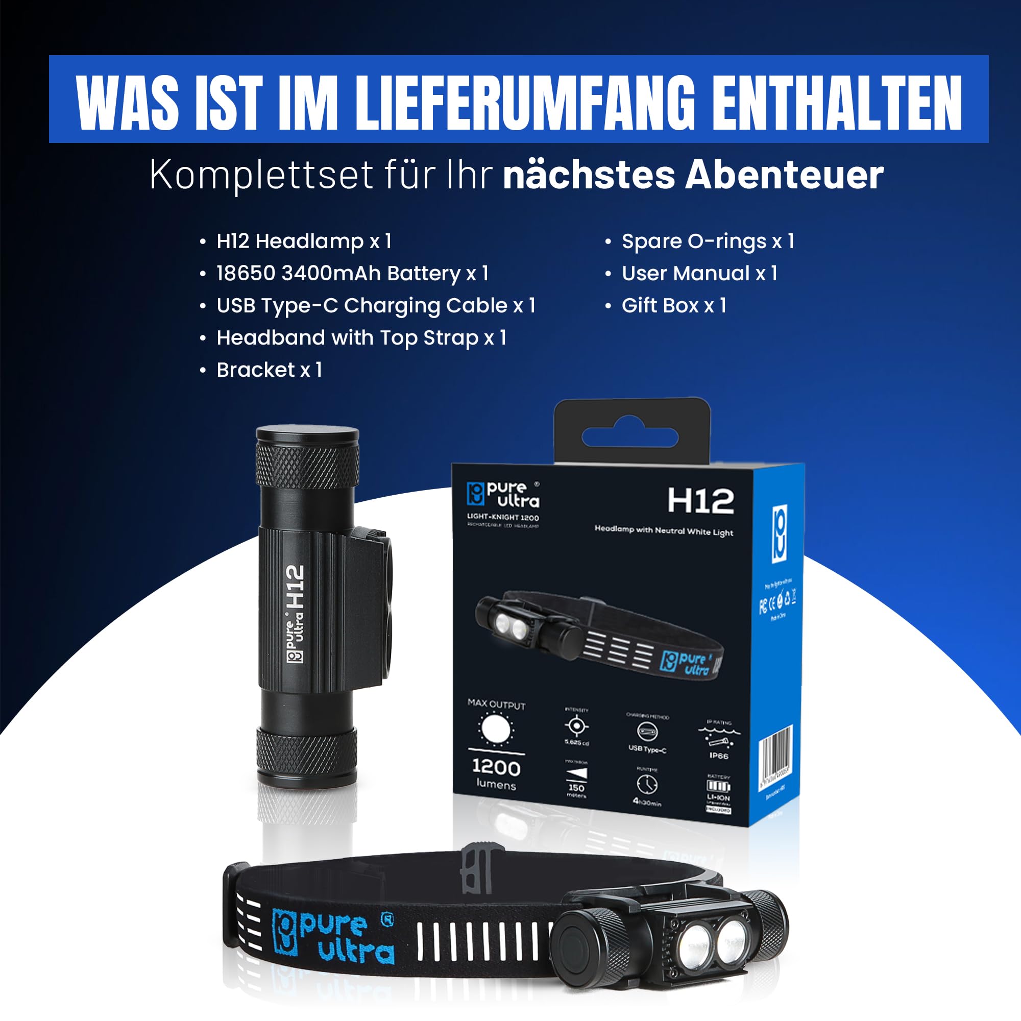 H12 Lampe frontale rechargeable 1200 lumens, LED blanc neutre, portée de 150 m, batterie 4000 mAh, charge USB-C, étanche IP66, idéale pour une utilisation en extérieur et professionnelle