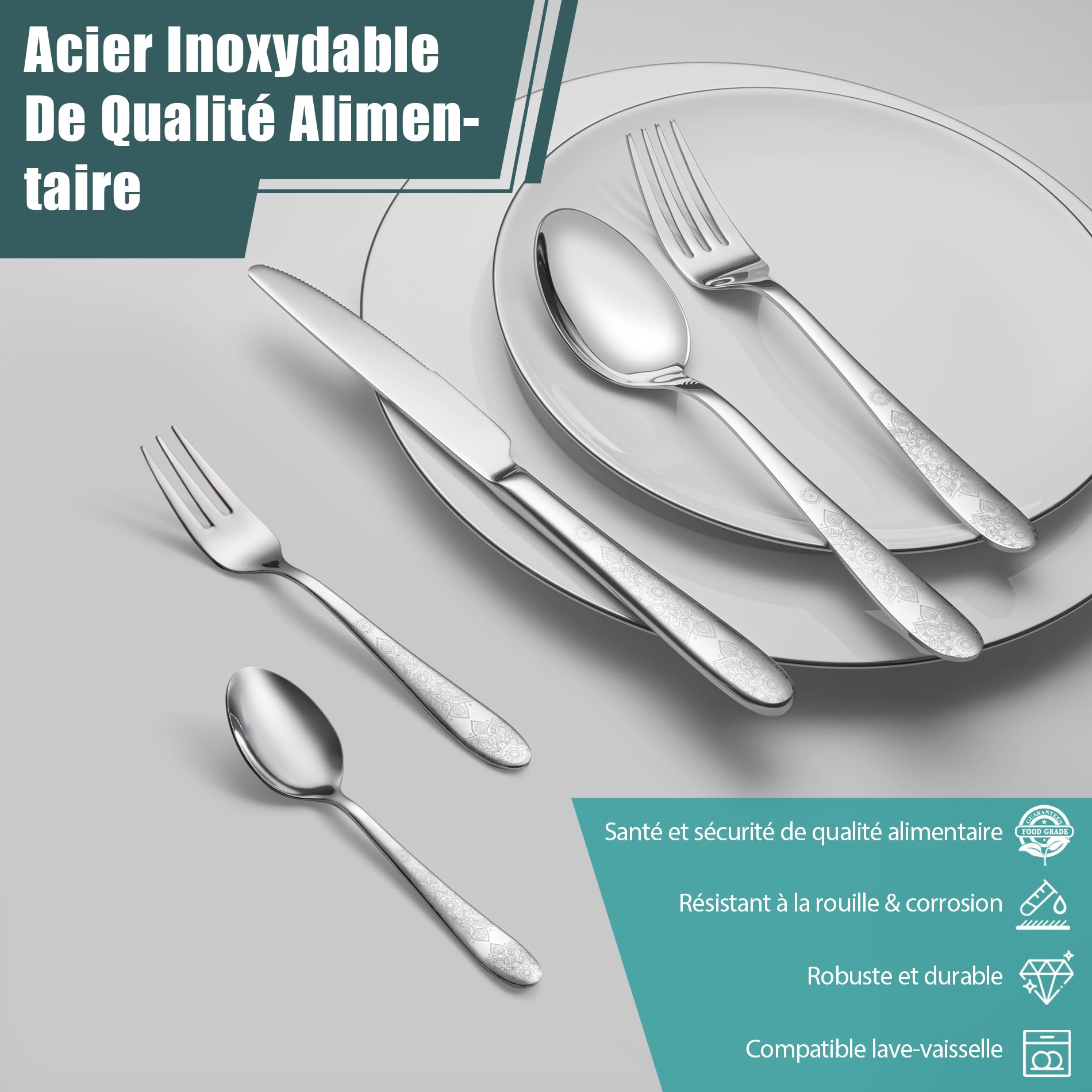Lot de 60 Couverts de Table Inox pour 12 Personnes, Couteau Fourchette Cuillère, Motif Unique, Finition Brillante, Idéal Maison Cuisine, Lavable au Lave-Vaisselle