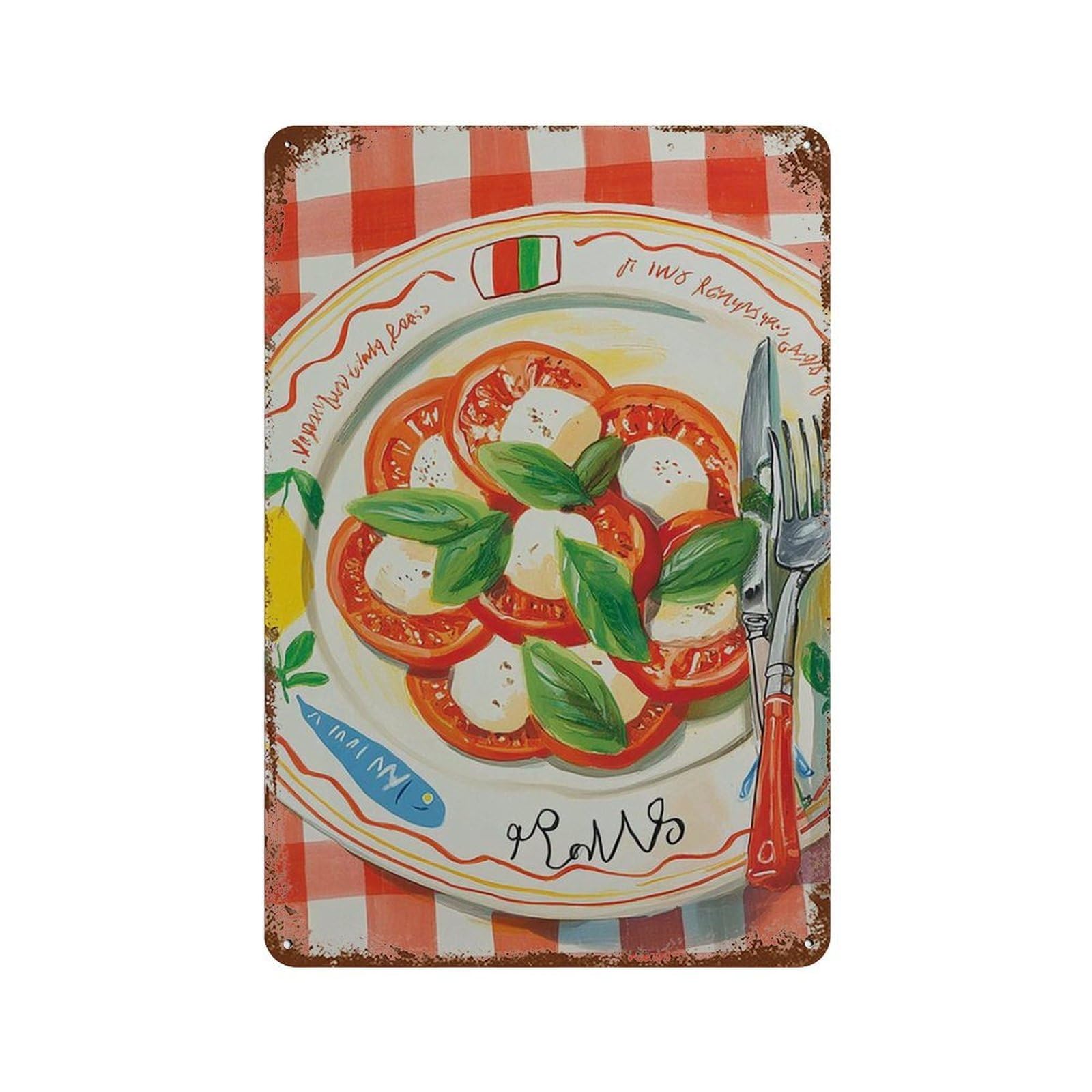 xiaoxiaoshen Italian Kitchen Gouache Painting Tomato Mozzarella Red Check Mediterranean Food Wall Decor Art Metal Tin Poster Modern Home Decor Art Home Bar Shop Decorations Vintage Sign 30x20cm