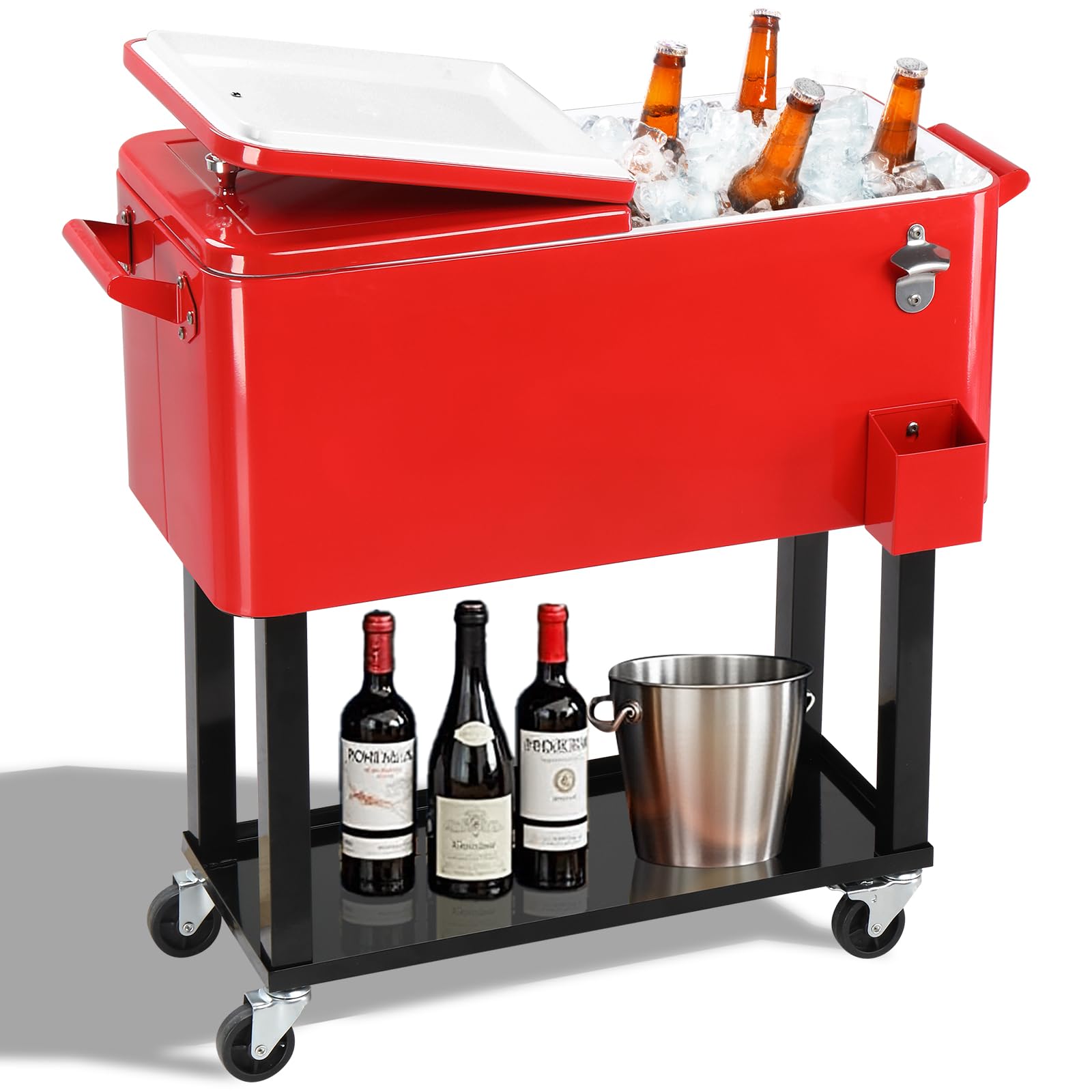 Outvita 80 Quart Rolling Ice Chest, Portable Bar Drink Cooler with Catch Basin, Bottom Storage Tray and Bottle Opener for Patio Party BBQ Beach