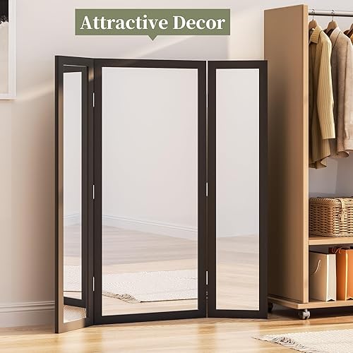 Miniatura 5 de Espejo de 3 vías de longitud completa con vidrio templado, espejo de piso de triple pliegue nupcial de gran tamaño con marco de madera, espejo