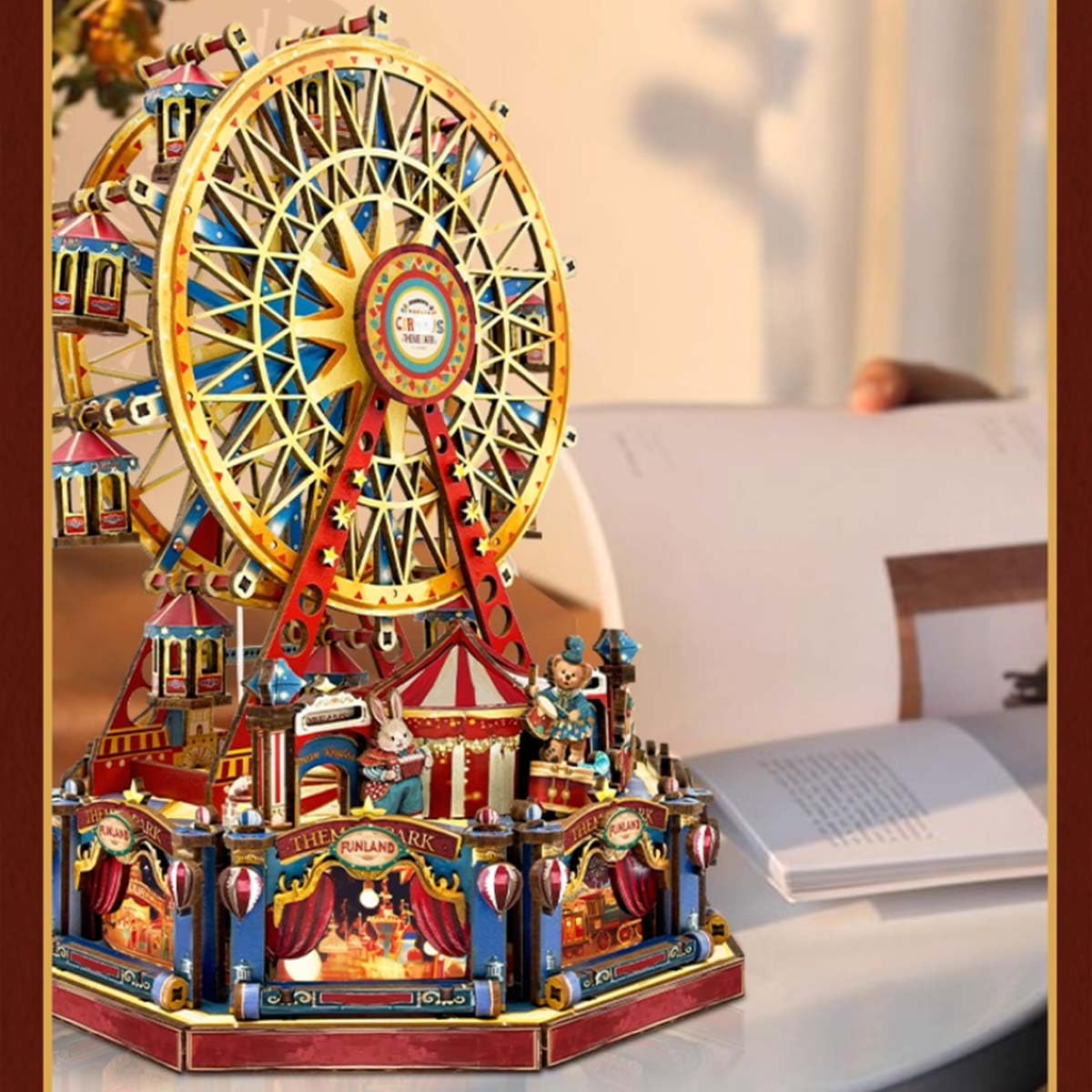 Drewniane puzzle 3D, obracający się wiek, diabelski młyn, drewniany zestaw modeli ze światłami, zestaw do samodzielnego wykonania, kolekcjonerska dekoracja biurka i kreatywny prezent dla entuzjastów