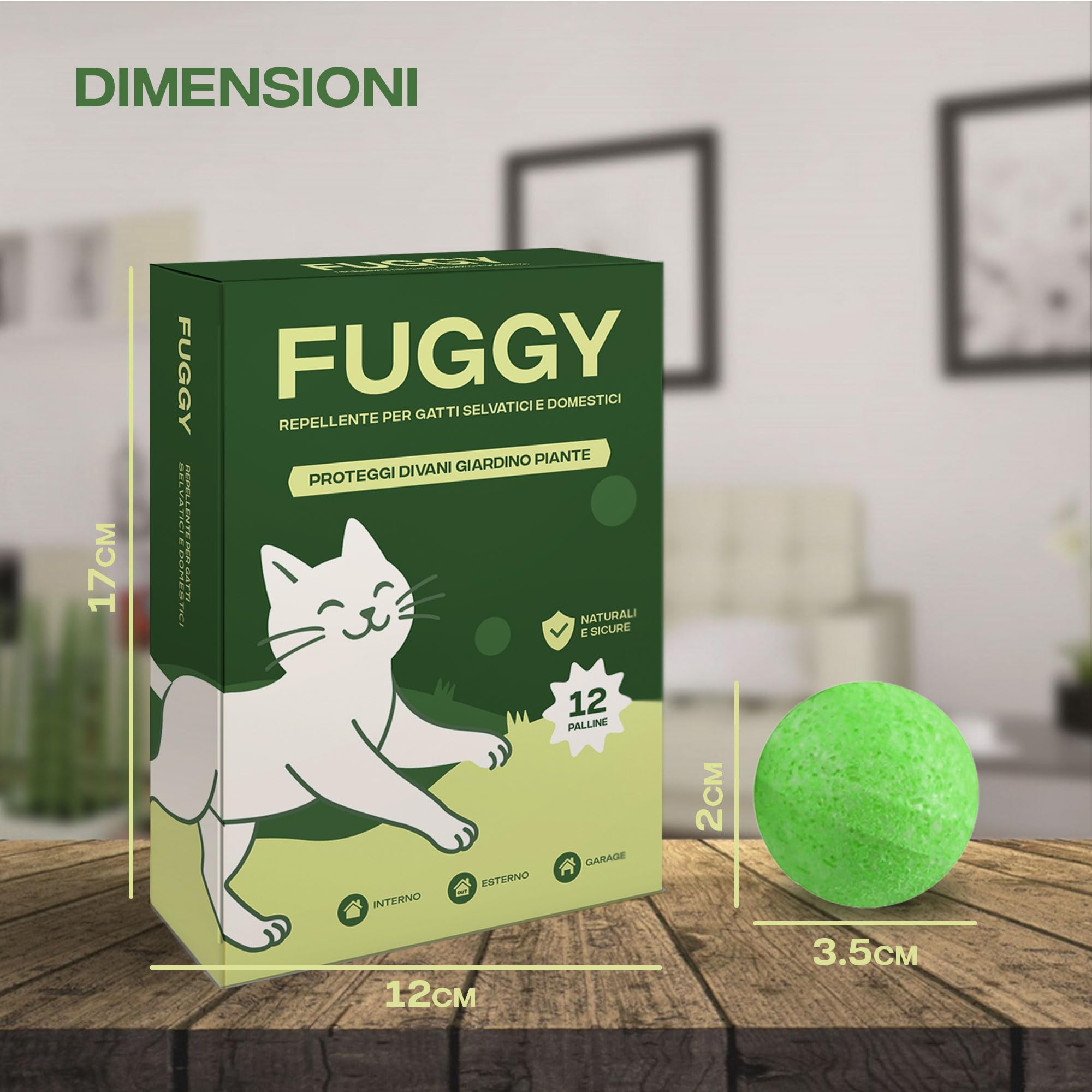 FUGGY - Repellente per Gatti Divano Naturale – Dissuasore e Disabituante Gatti per Interno ed Esterno – 12 Palline + 5 Buste – Anti Gatto Divano e Giardino