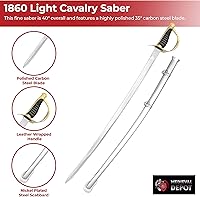 Vista 3 de MedievalDepot Sable de caballería ligero 1860 - Hoja de acero al carbono de 35 pulgadas, agarre de cuero, detalles de latón