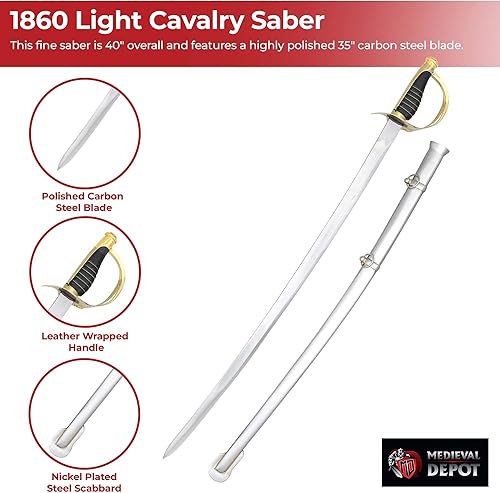 Miniatura 3 de MedievalDepot Sable de caballería ligero 1860 - Hoja de acero al carbono de 35 pulgadas, agarre de cuero, detalles de latón