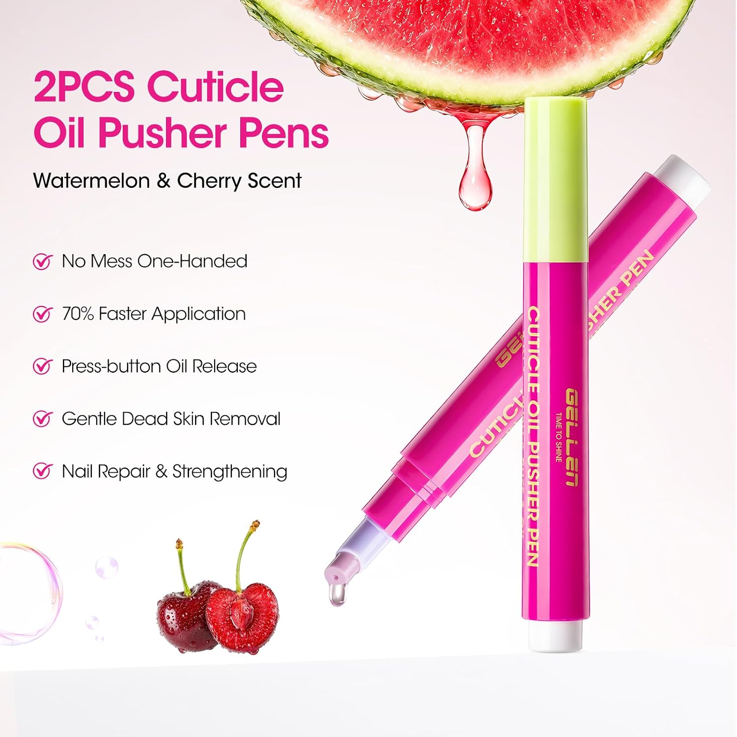 Gellen 2 Pack Cuticle Oil Pusher Pen - Cuticle Remover Pen with Ceramic Tip, Nail Oil Pen for Dry & Rough Cuticles, Nail Buffer for Smoothing Ridges, Manicure Care Tools, Watermelon & Cherry