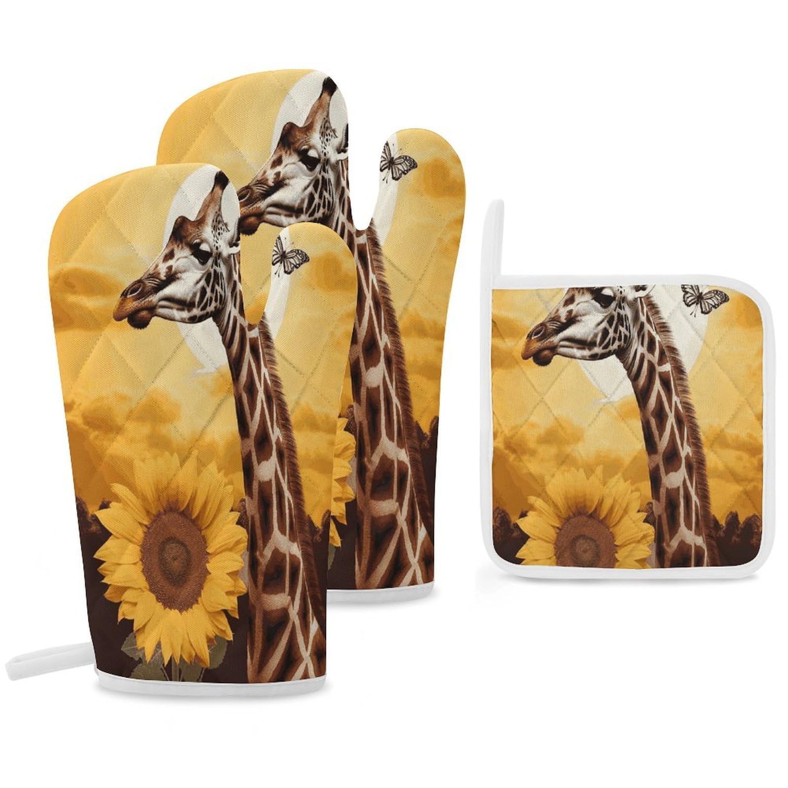 Fekiloot Style Giraffe And Sunflower Oven Mitts Funny Heat Resistant,Oven Glove With Hanging Loop,Resistant Hot Pads For Kitchen Baking Grilling Cooking