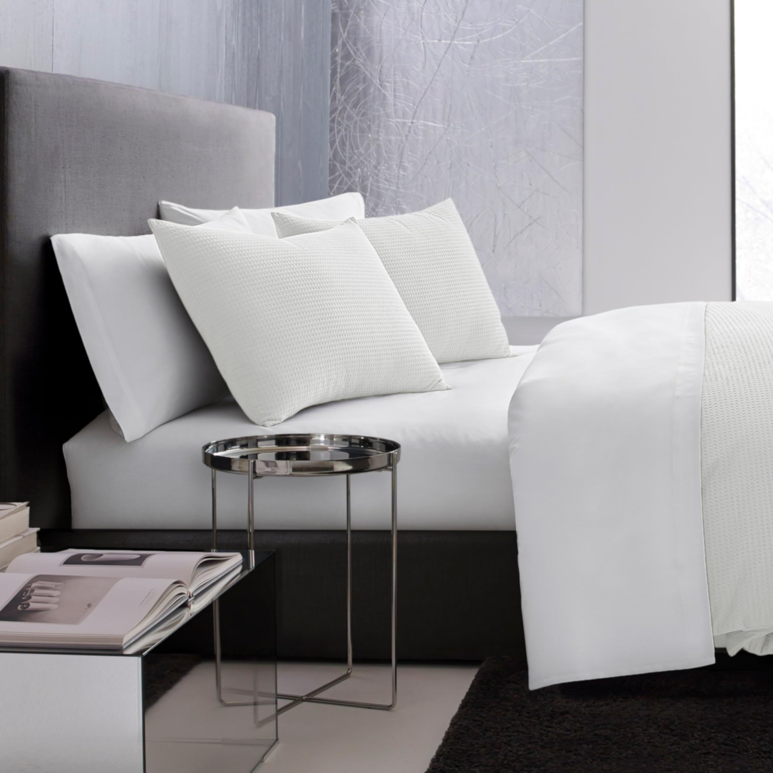 Vera Wang - Juego de Funda de edredón King, Ropa de Cama de algodón de Lujo con Cierre de botón, Incluye Fundas a Juego (Blanco piqué gofre, King)