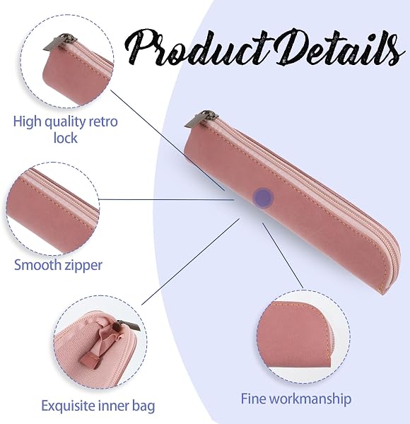 2 Stück Federmäppchen Klein, PU Leder Kleines Mäppchen Tragbar Schmales Stiftemäppchen mit Reißverschluss Einfach Schreibwarentasche für Damen Herren Zuhause Büro Reisen Outdoor (Rosa, Braun) - 3