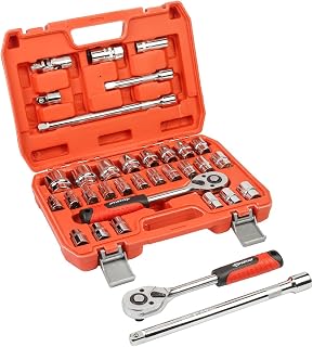 SPARTAN 32 in 1 Heavy Duty Socket Set 1/2" Chrome Vanadium Steel Ratchet Socket Wrench Spanner 32 Pieces Hand Tool Kit Plastic Storage Case For Mechanic Tool Kits (Pack of 1)