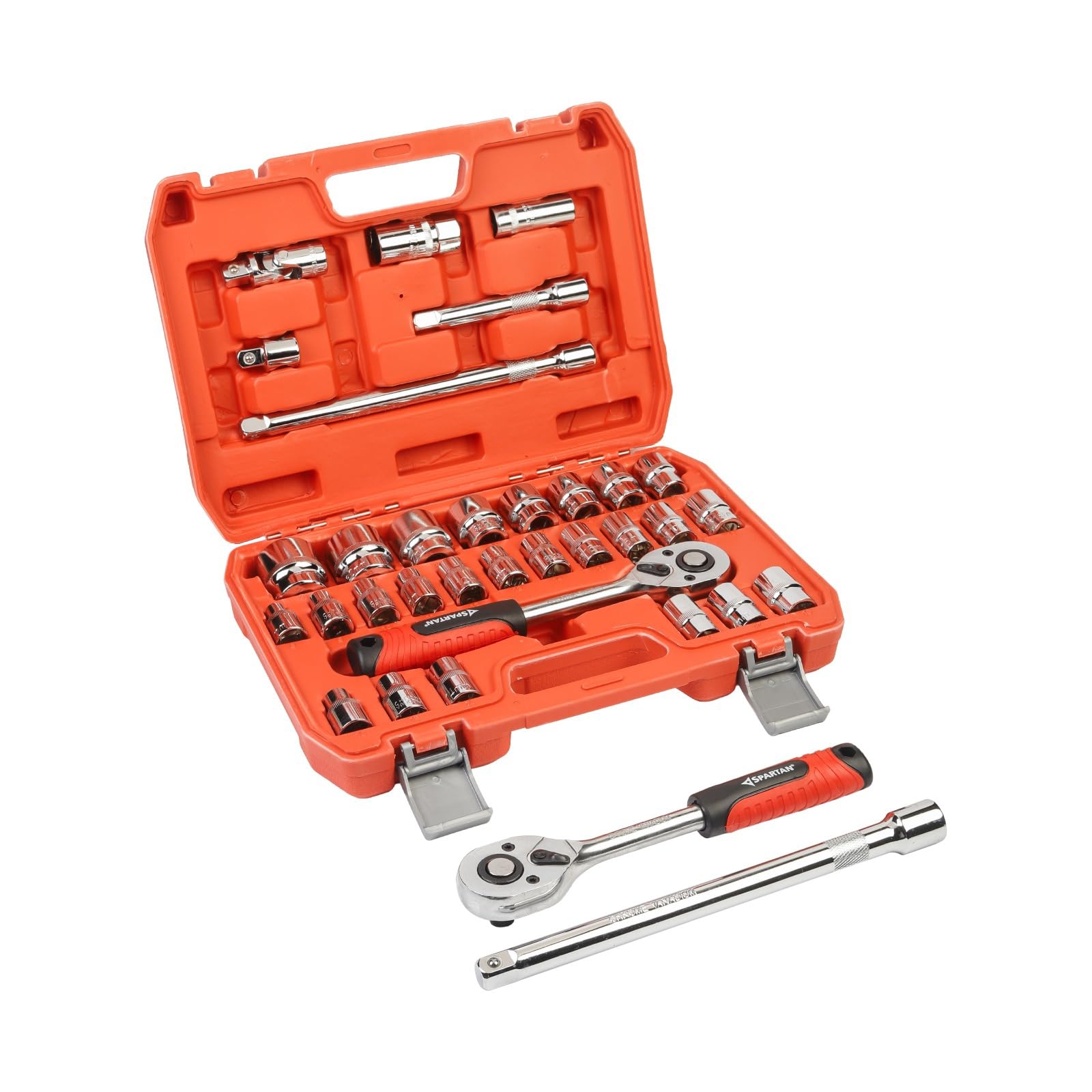 SPARTAN 32 in 1 Heavy Duty Socket Set 1/2" Chrome Vanadium Steel Ratchet Socket Wrench Spanner 32 Pieces Hand Tool Kit Plastic Storage Case For Mechanic Tool Kits (Pack of 1)