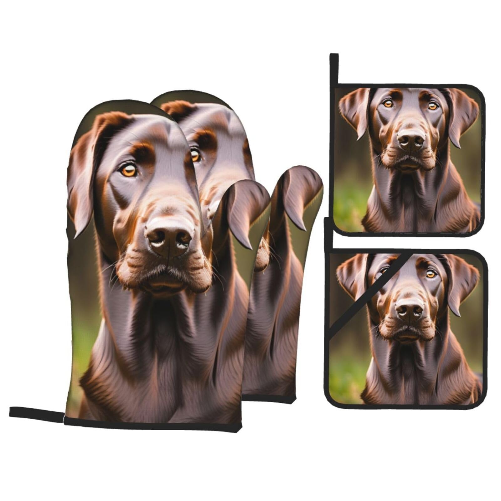 Brown Labrador Retriever Print 4-Piece Oven Microwaving Set Waterproof Kitchen Gloves for Baking Grilling Cooking