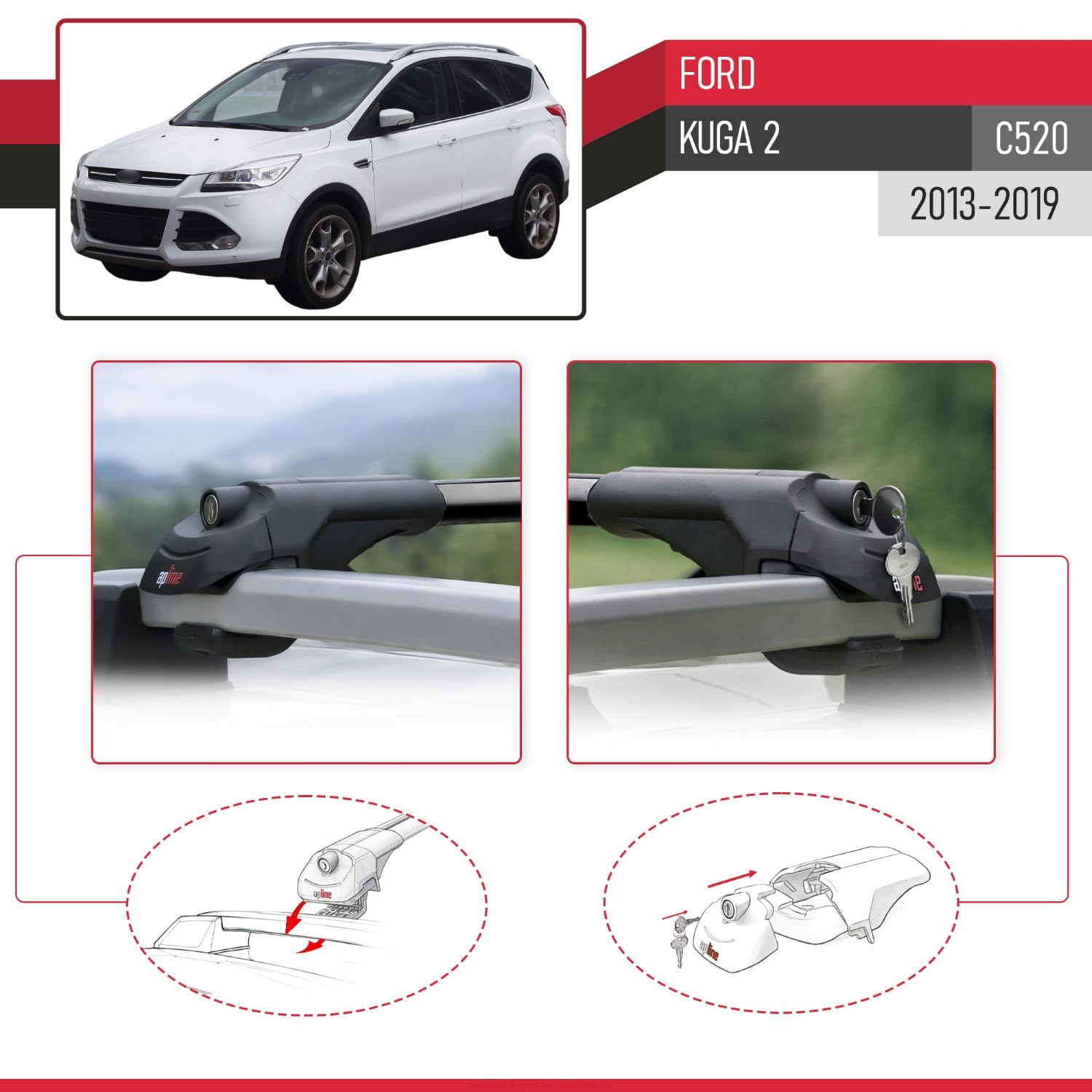 Compatible con Ford Kuga 2 (C520) 2013-2019 Ace-1 Barras de Techo Auto Portaequipajes Barras Transversales Negro Aluminio 2 Barras