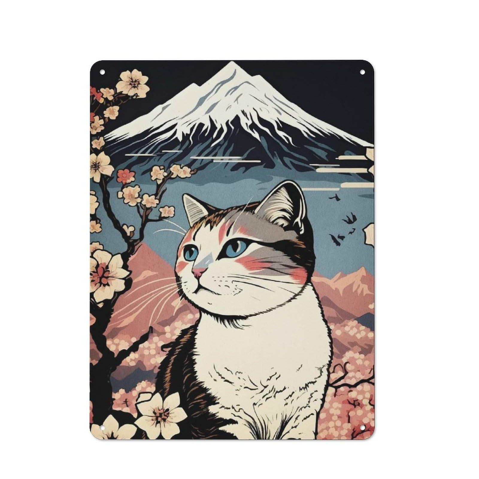 Junmoney Cat Mount Fuji Cherry Blossoms Classic Decorative Tin Plaque 40X30cm Featuring Novelty Wall Art For Home, Shop, Pub Or Studio Wall