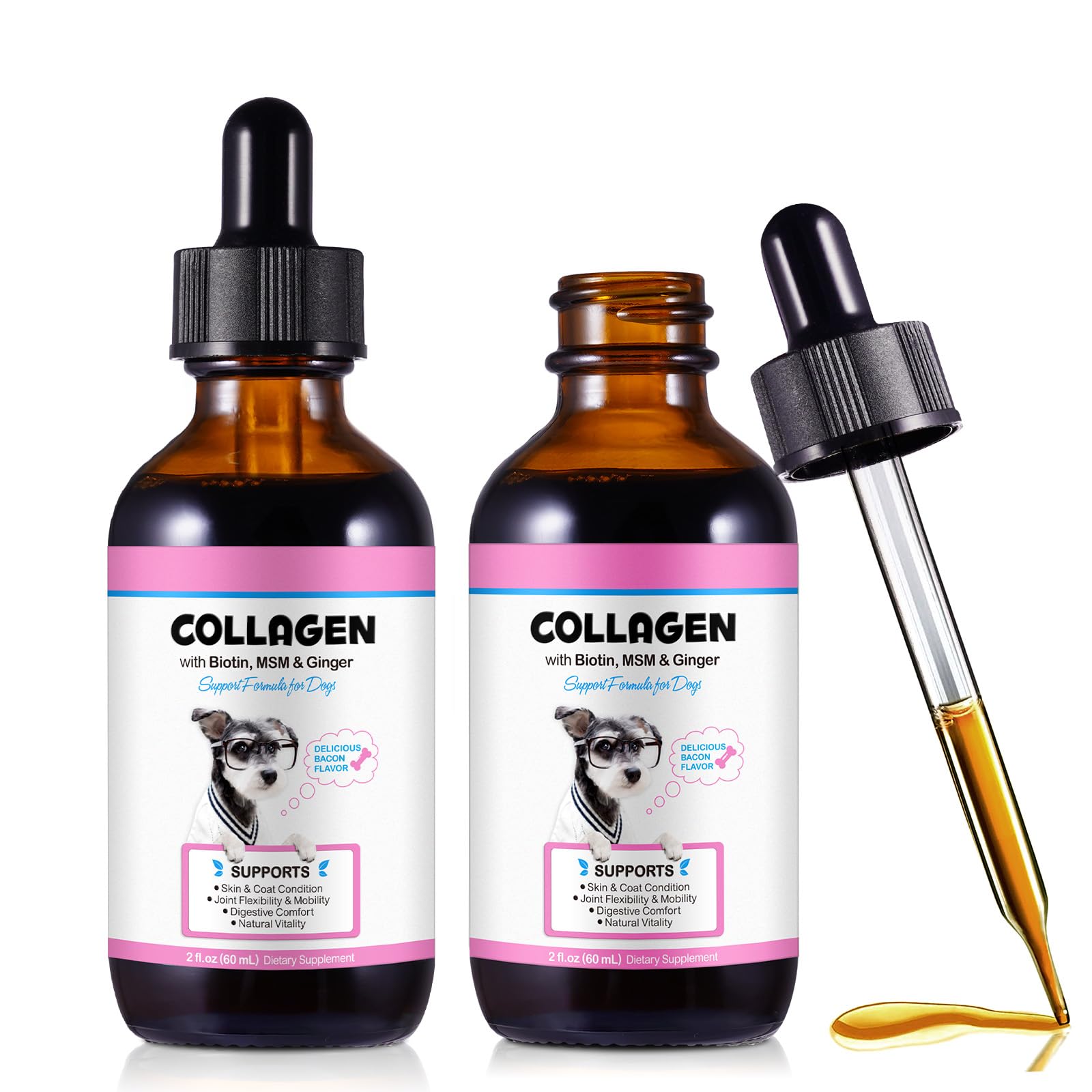 2PCS Collagen for Dogs (60ml), Dog Collagen Drops with Biotin, MSM - Supports Joint Health, Skin, Coat & Immunity – Tasty Bacon-Flavored Liquid Supplement for All Breeds & Sizes