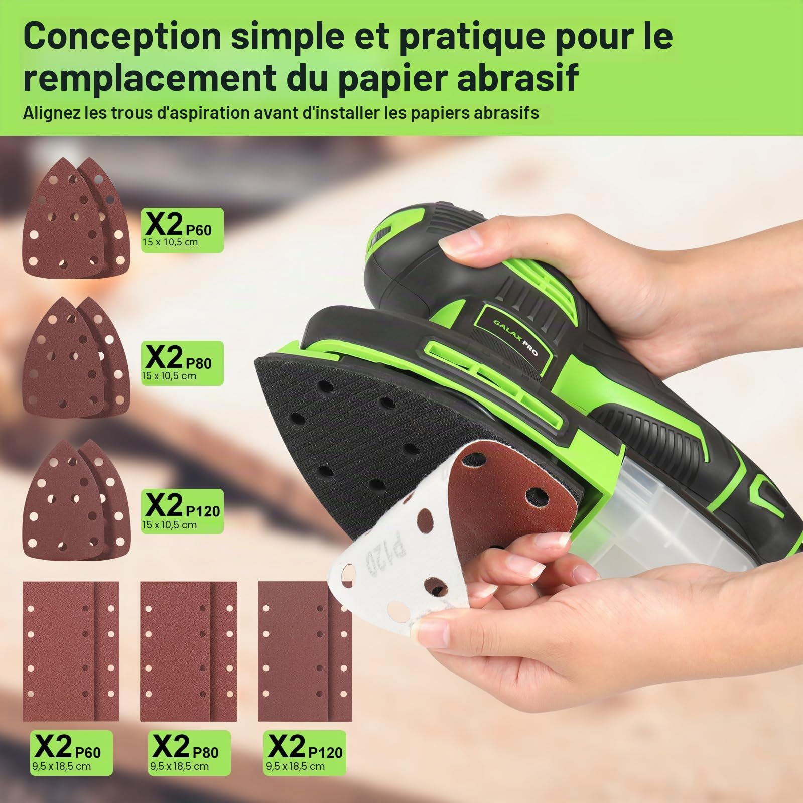 GALAX PRO Ponceuse Excentrique 2-en-1 250W, 6000-12000 tr/min, 6 Vitesses Variables, avec Bac à Poussière, pour Ponçage et Polissage du Bois et du Métal, 12 Papiers Abrasifs Inclus