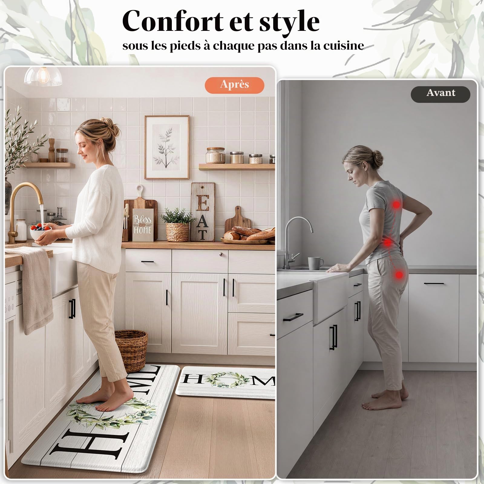 KIMDOE Lot de 2 Tapis de Cuisine Anti-Fatigue antidérapants et imperméables pour Cuisine, sols intérieurs, Bureau, buanderie, évier, Maison