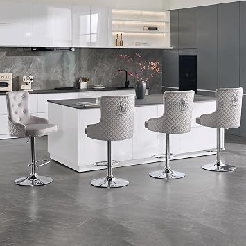 Velvet Bar Stools Set of 4 Modern Counter Height Bar Stools with Lion Pull Ring Tufted Back, Nailhead Upholstered Barstools for Home Kitchen Island, Swivel Adjustable Stool Chair in Grey