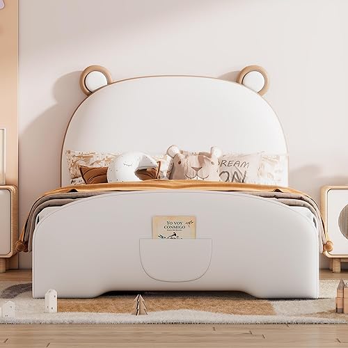 Cama de plataforma tapizada de tamaño individual con bolsillos en forma de oso para cabecero y estribo, base de cama tapizada de piel sintética para