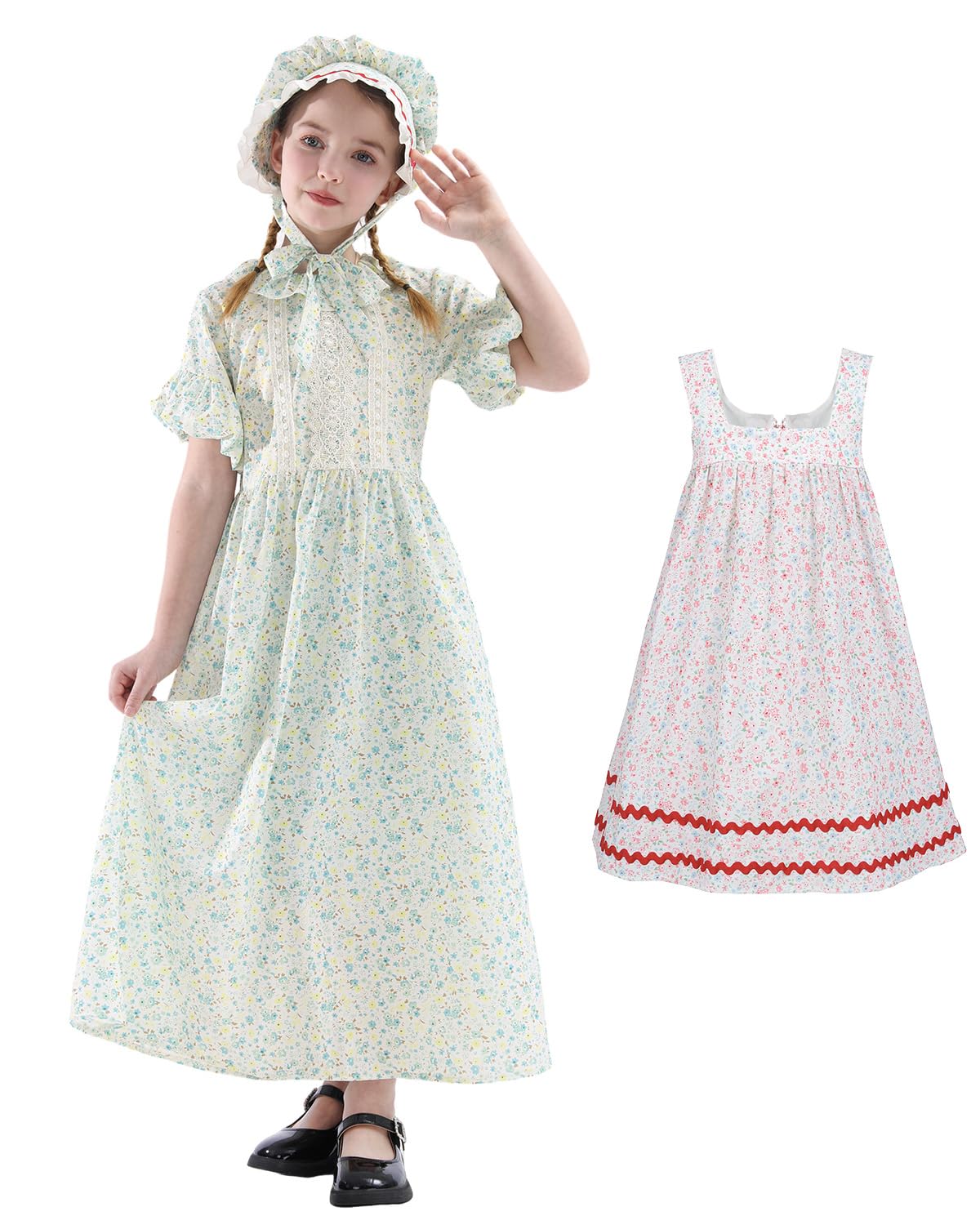 CR ROLECOS Colonial Costume Girls Prairie Pioneer Dress for Girls Floral Laura Ingalls Wilder Costume Green L age over 4 years old