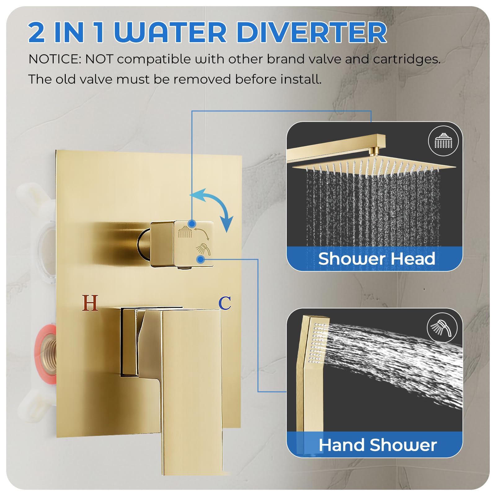 Gold Shower Faucet Set, 10 inch Rain Shower System with Pressure Balance Valve, Wall Mounted 2-Functions Bathroom Shower Systems with Rain Shower and Handheld Spray Shower Trim Included: 10 Inch Brushed Gold