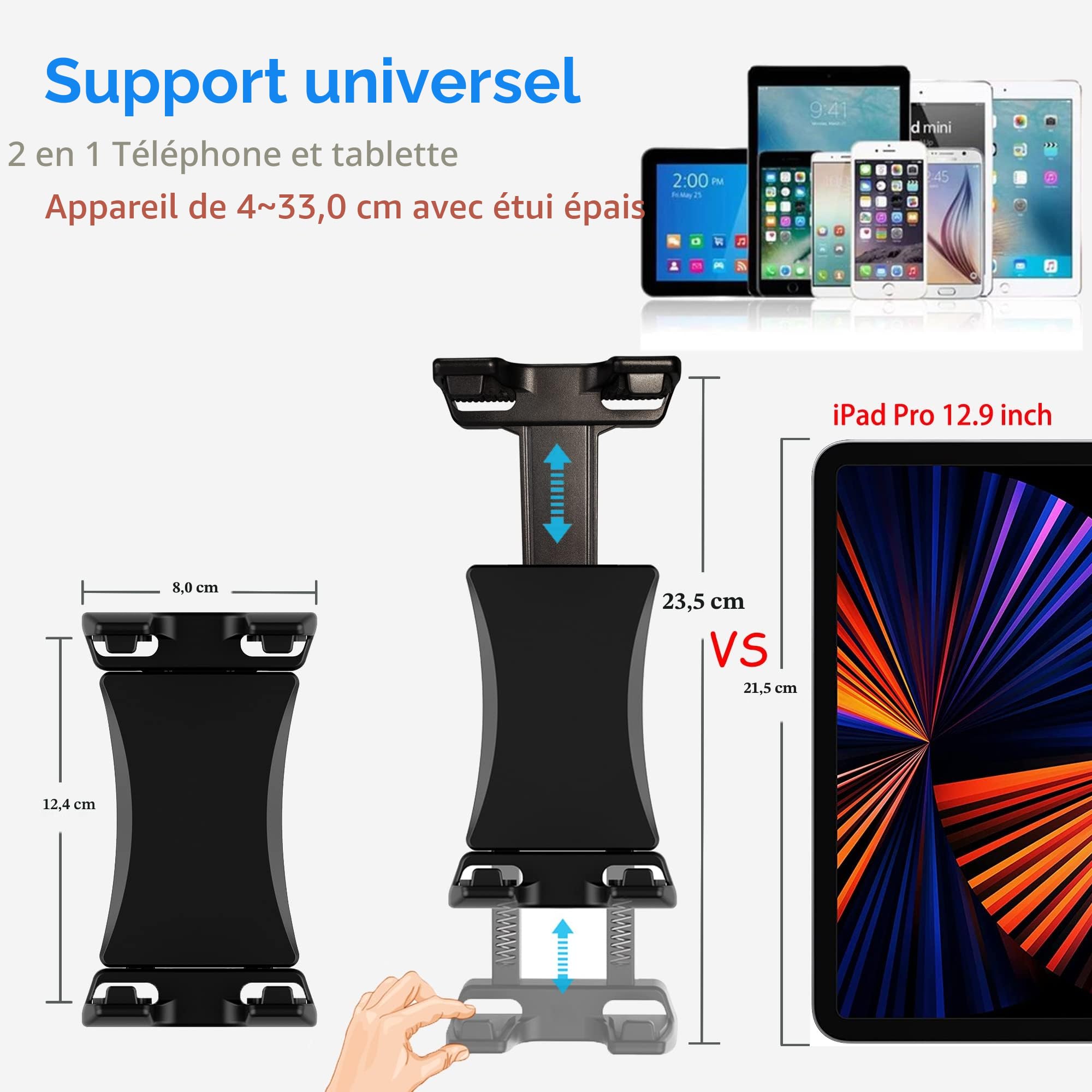 Support de Tablette pour Tapis de Course Support de Guidon vélo Stationnaire elliptique Poussette Peloton pour appareils 4 à 13 Pouces, iPad Pro 12.9, Air, Mini, Galaxy Tabs, iPhone