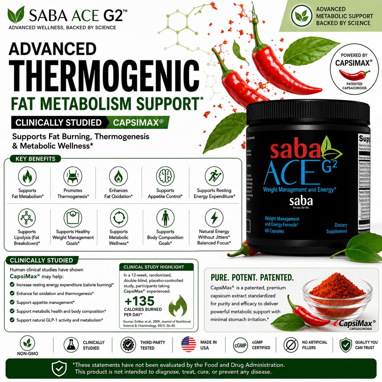Saba ACE G2- Thermogenic Energy Burn, Pre Workout, Metabolism, Focus, Concentration, with Capsimax, CarnoSyn, BioPerine, Green Tea Leaf Extract, for Men & Women -60 Capsules — Amazon image 4