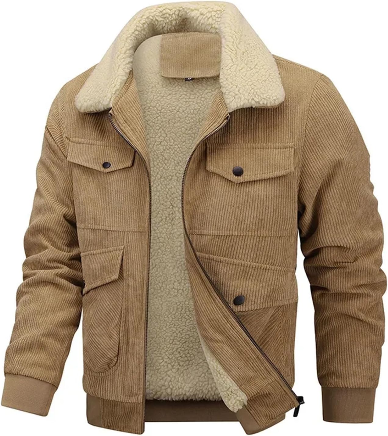 Mens Thickened Fleece Lined Corduroy Jacket Stand Collar Warm Winter Lapel Collar Outerwear