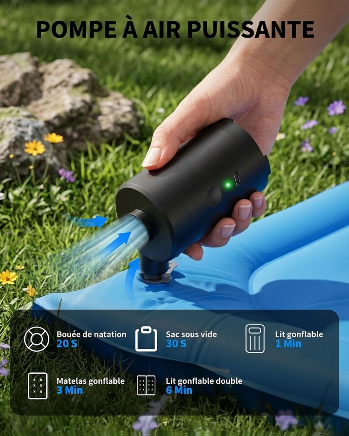 Elektrische Luftpumpe für Luftmatratze,3600mAh Akku Wiederaufladbar,Schnelles Auf- und Abpumpen,mit 5 Düsen für Schwimmbecken, Luftmatratzen, Camping & Reisen