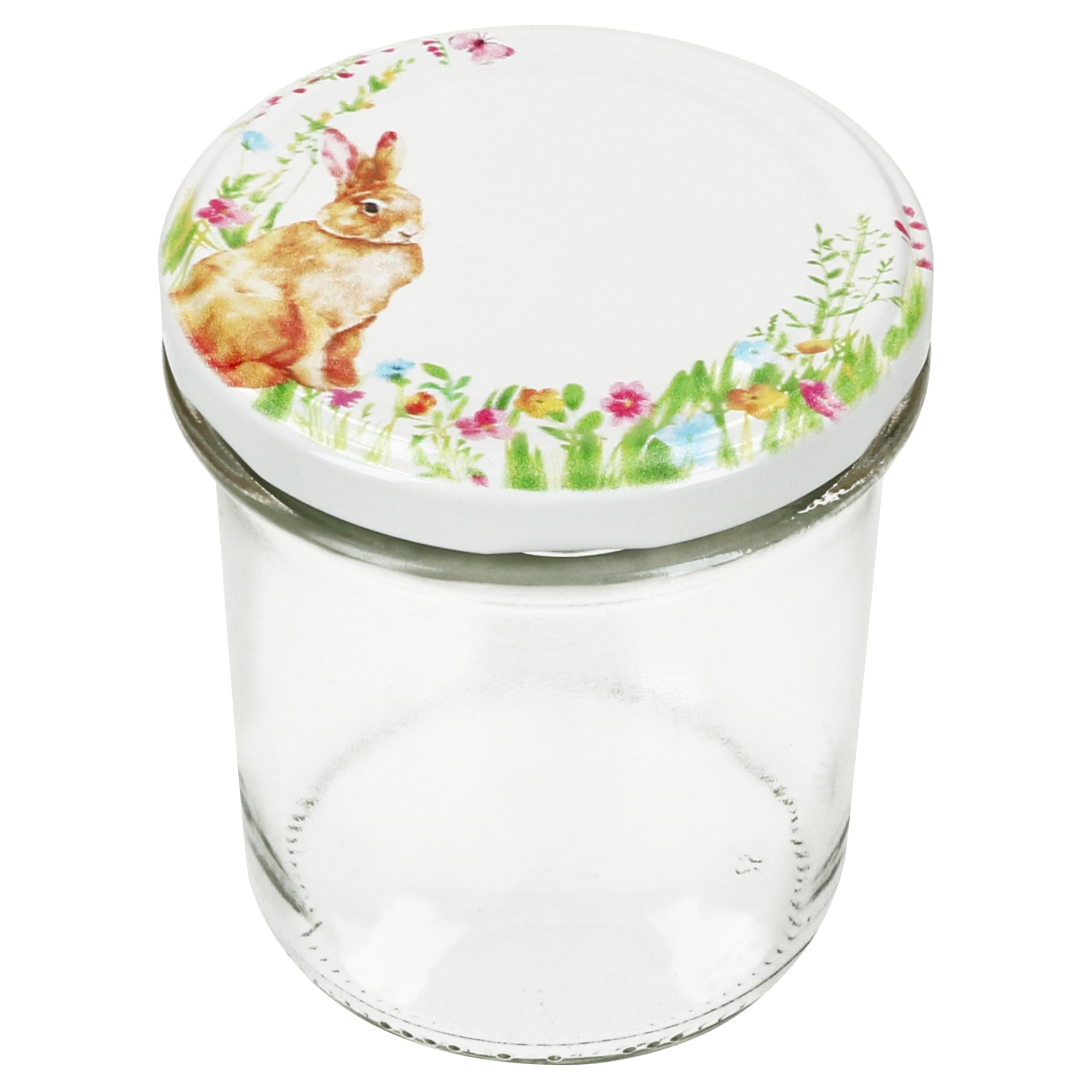 MamboCat Lot de 50 bocaux en verre de 350 ml avec couvercles à visser de 82 couvercles à visser « Osterfreude » I avec lapins et fleurs de Pâques I Bocaux de conservation + livret de recettes de sucre