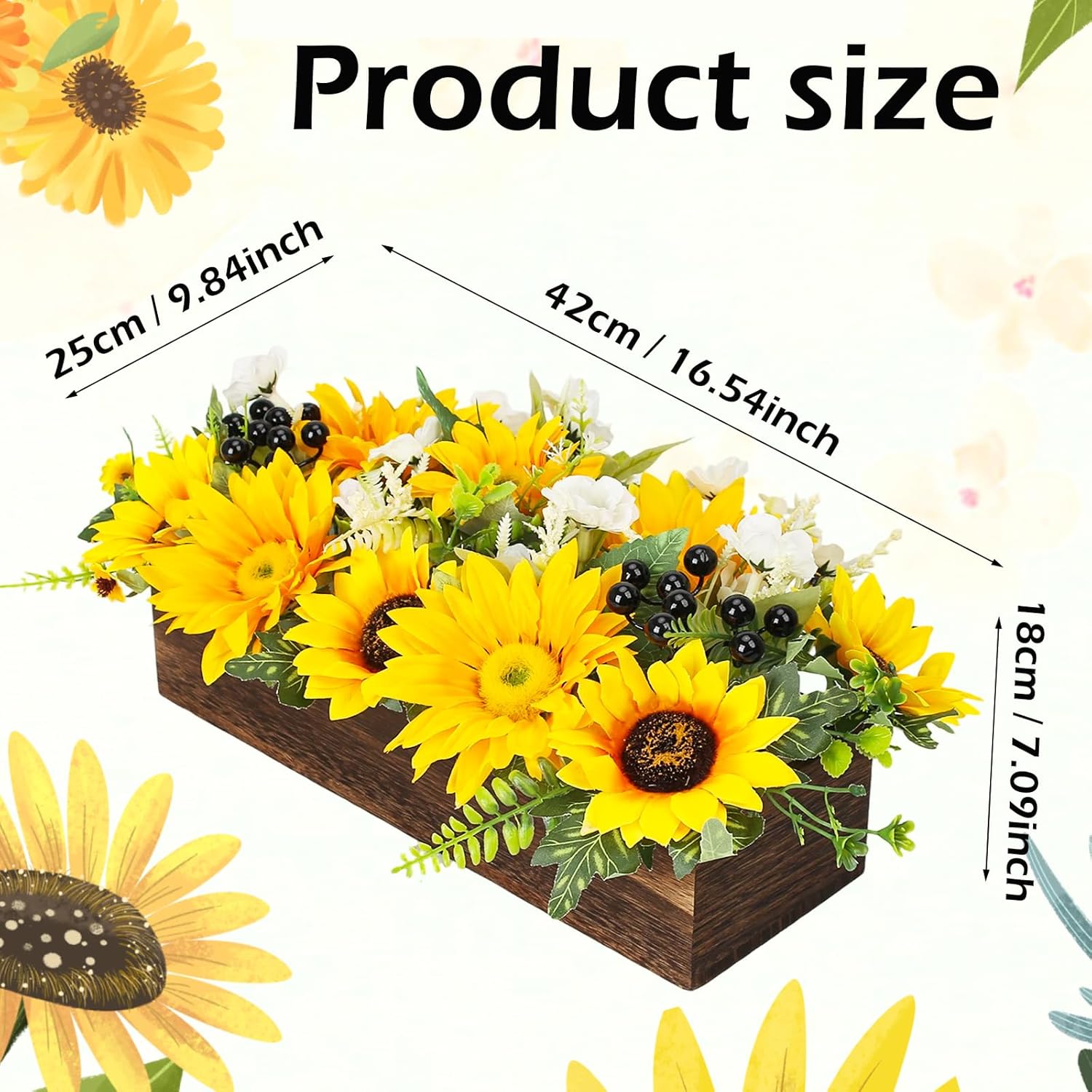 Sunflower Arrangement Centerpiece Table Decorations,Sunflowers Daisy and Berry Green Leaf Floral Artificial Flowers with Wood Tray for Dining Table Coffee Table Farmhouse Room Mantel Décor - Image 2